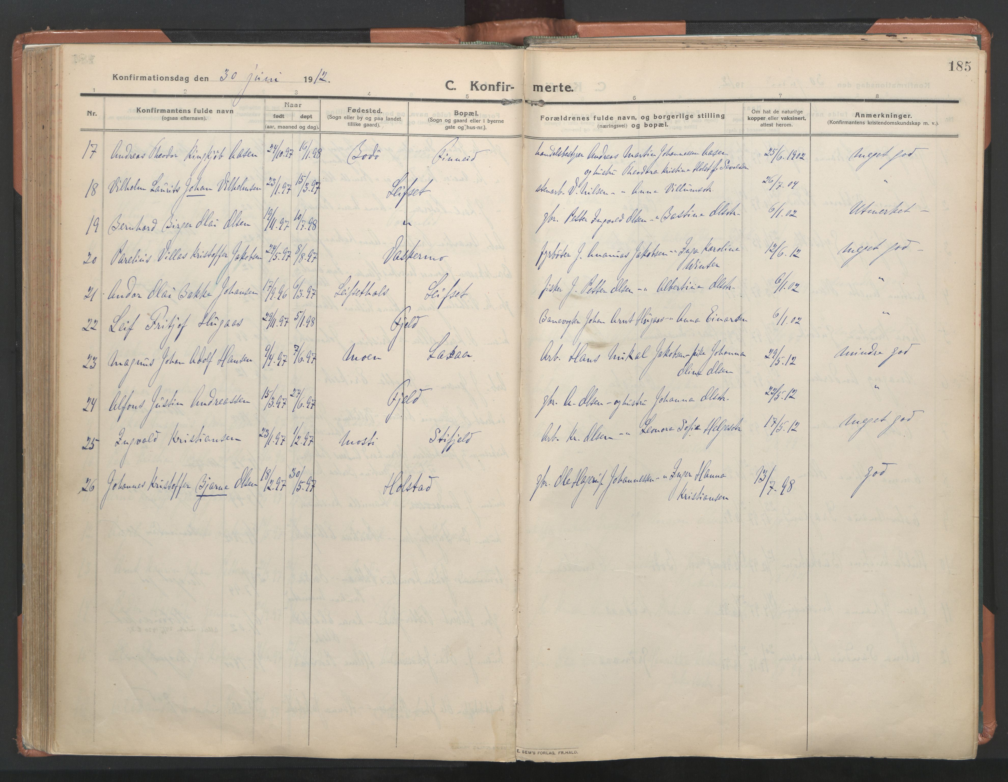 Ministerialprotokoller, klokkerbøker og fødselsregistre - Nordland, AV/SAT-A-1459/849/L0698: Parish register (official) no. 849A09, 1911-1924, p. 185