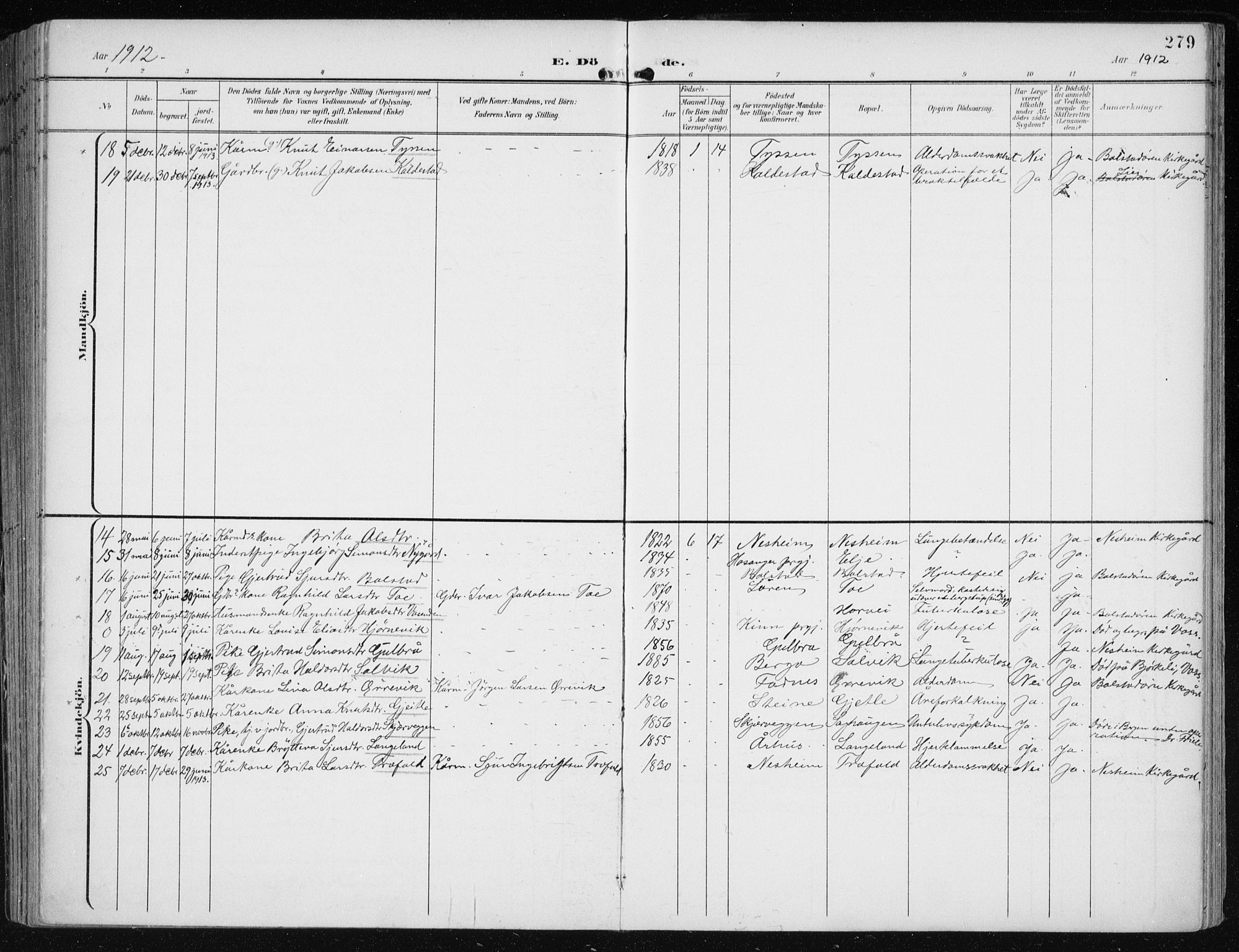 Evanger sokneprestembete, AV/SAB-A-99924: Parish register (official) no. A  3, 1900-1930, p. 279