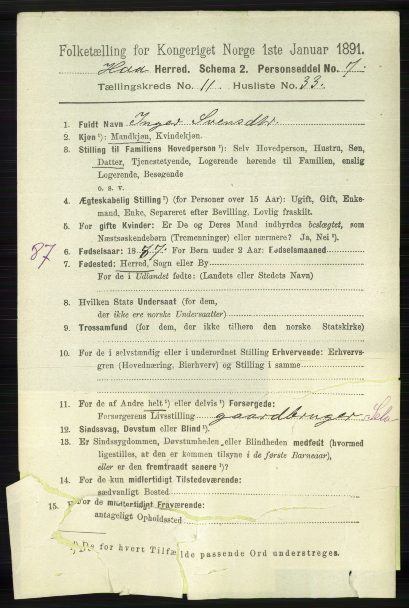 RA, 1891 census for 1119 Hå, 1891, p. 2837