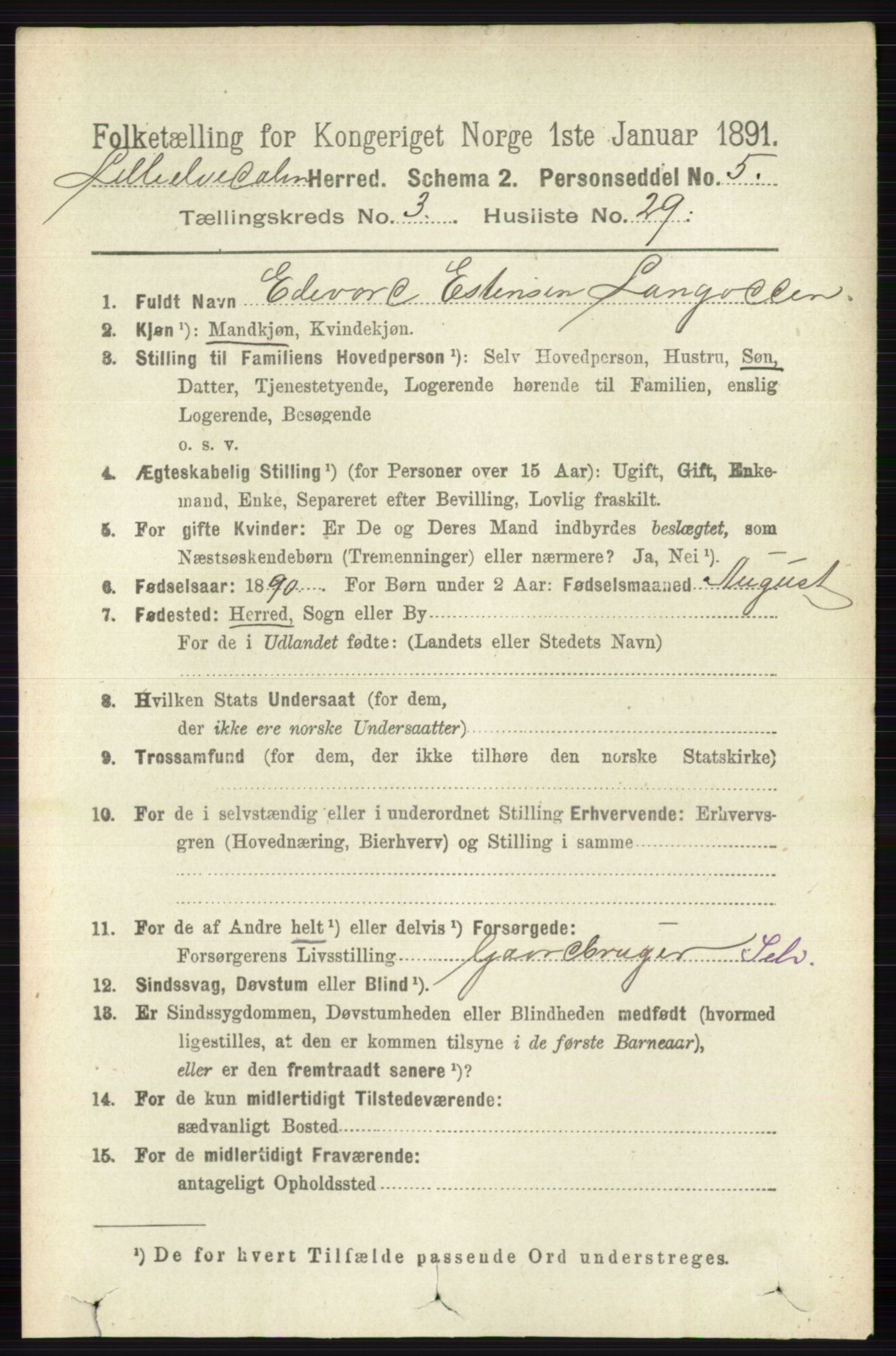 RA, 1891 census for 0438 Lille Elvedalen, 1891, p. 1276