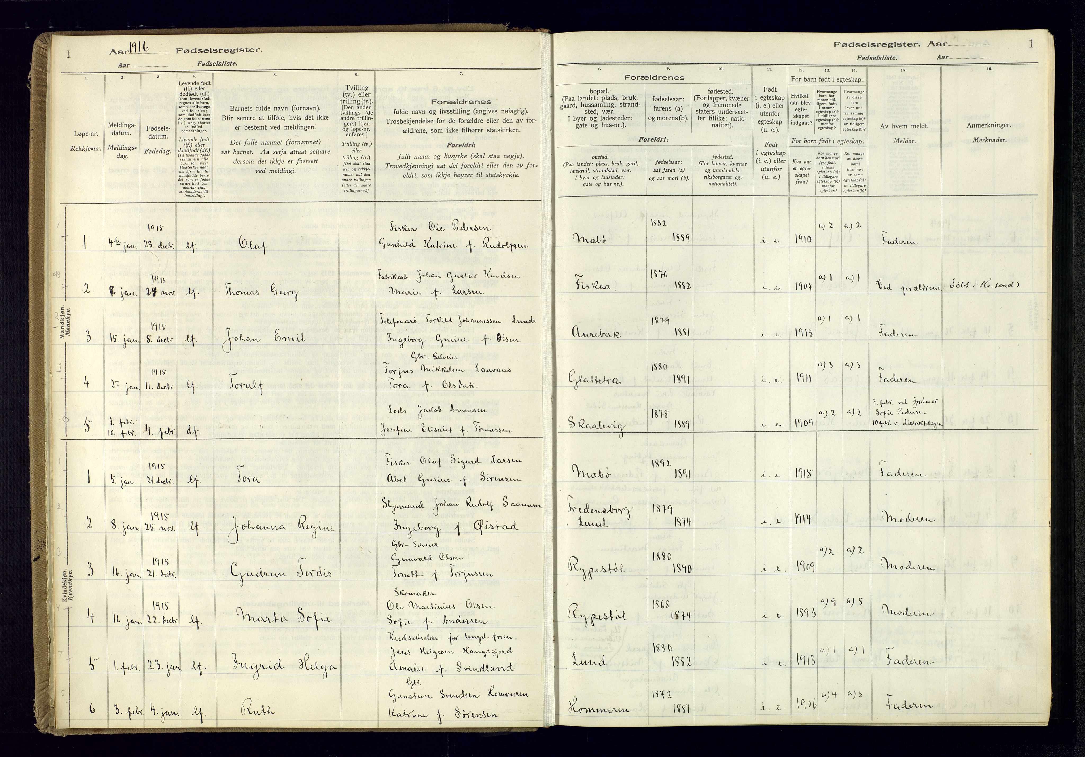 Oddernes sokneprestkontor, SAK/1111-0033/J/Ja/L0001: Birth register no. 1, 1916-1935, p. 1