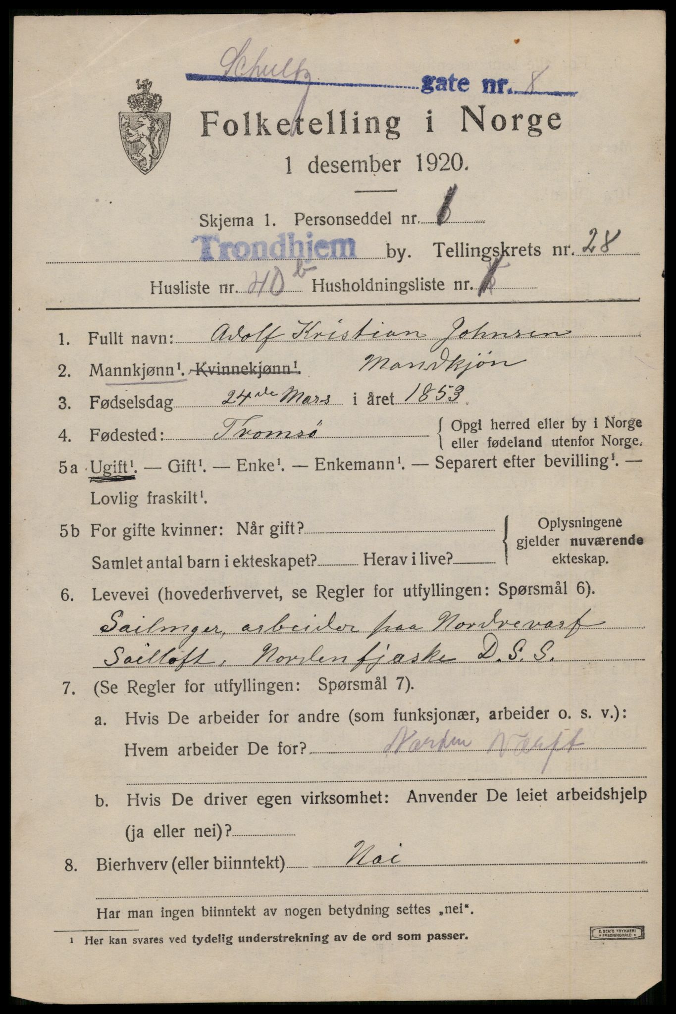 SAT, 1920 census for Trondheim, 1920, p. 72130