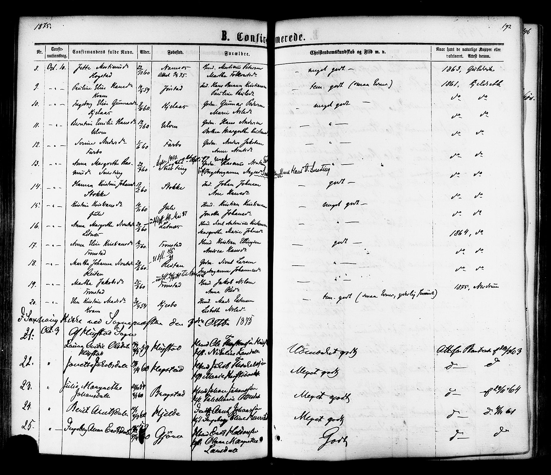 Ministerialprotokoller, klokkerbøker og fødselsregistre - Nord-Trøndelag, SAT/A-1458/730/L0284: Parish register (official) no. 730A09, 1866-1878, p. 192