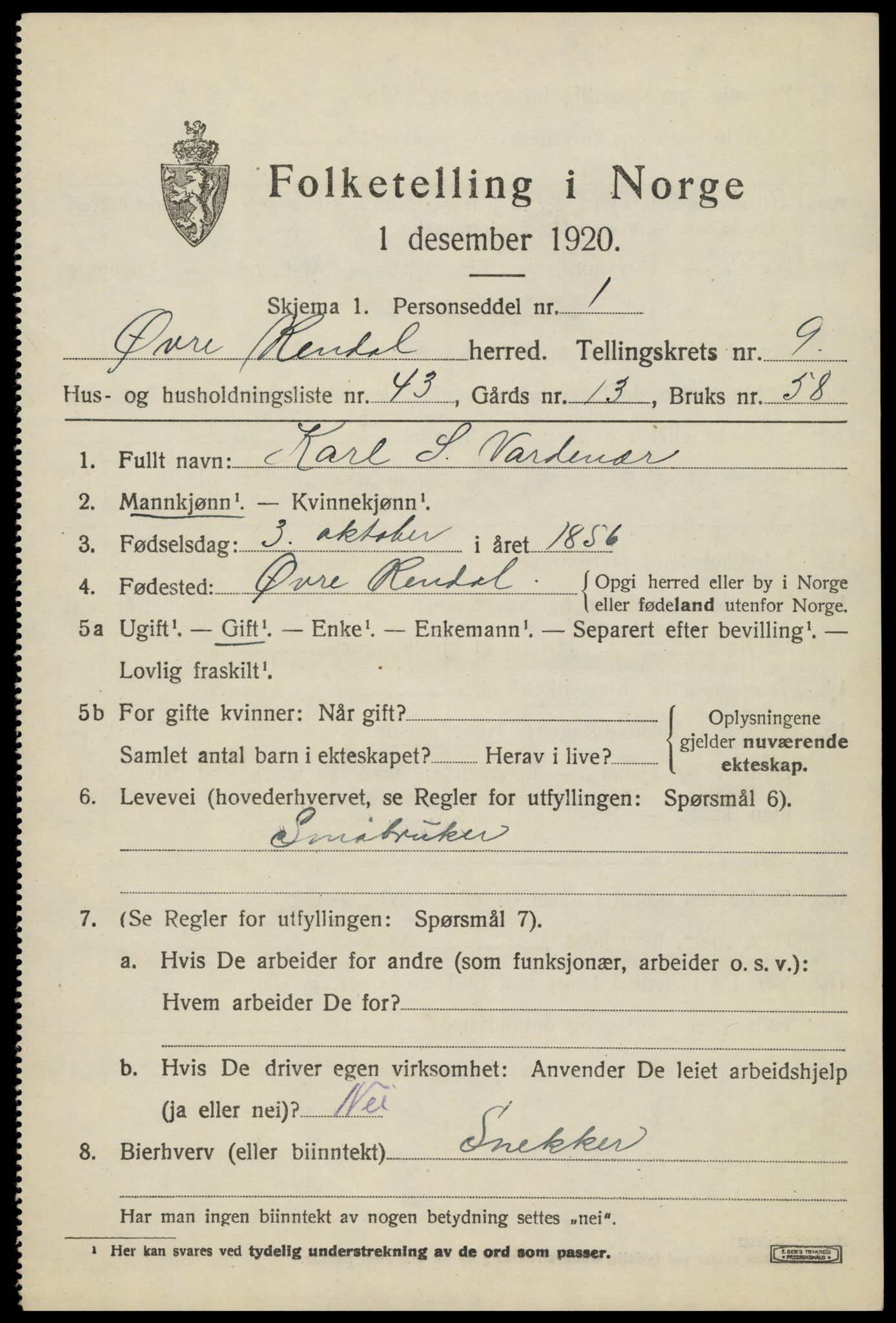 SAH, 1920 census for Øvre Rendal, 1920, p. 3791