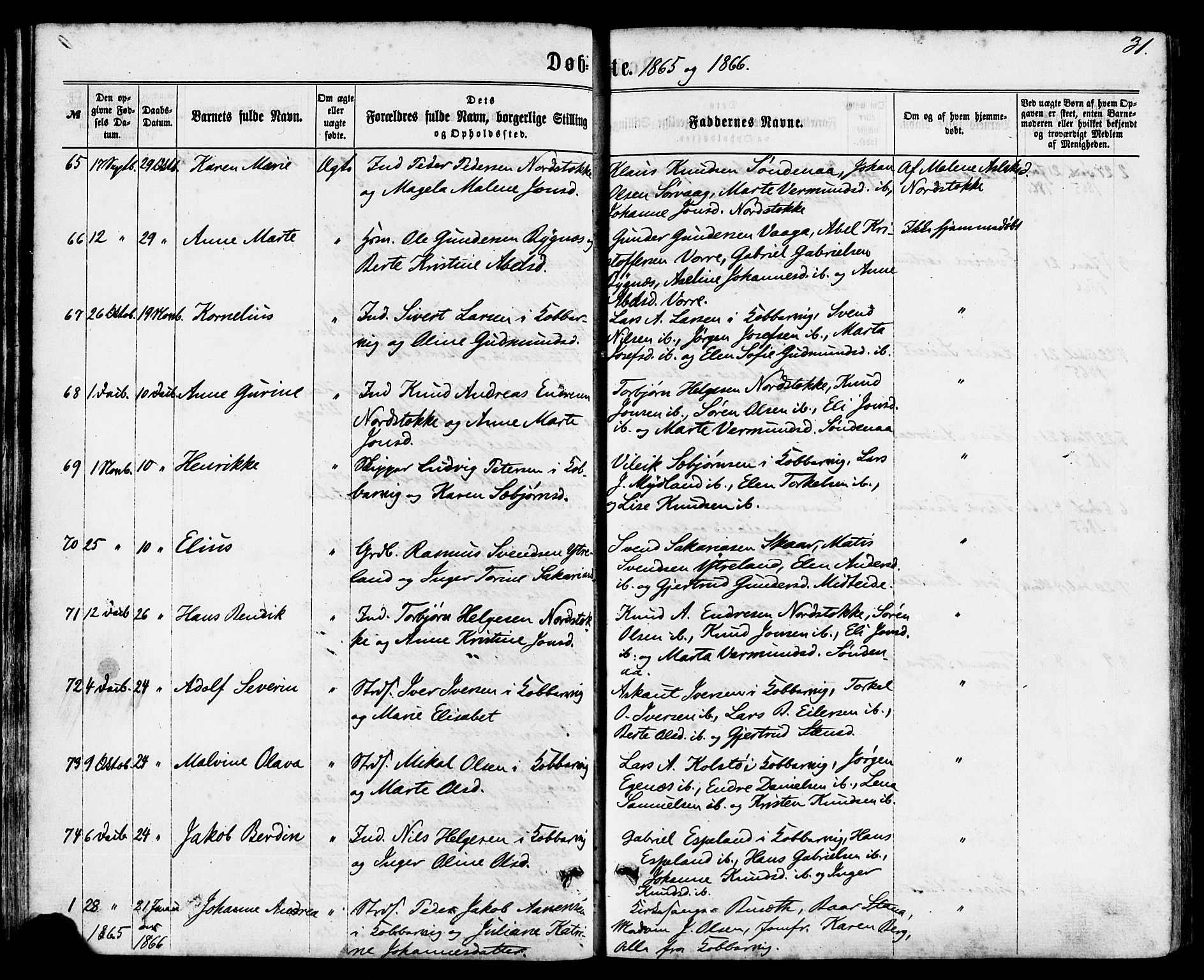 Avaldsnes sokneprestkontor, SAST/A -101851/H/Ha/Haa/L0011: Parish register (official) no. A 11, 1861-1880, p. 31