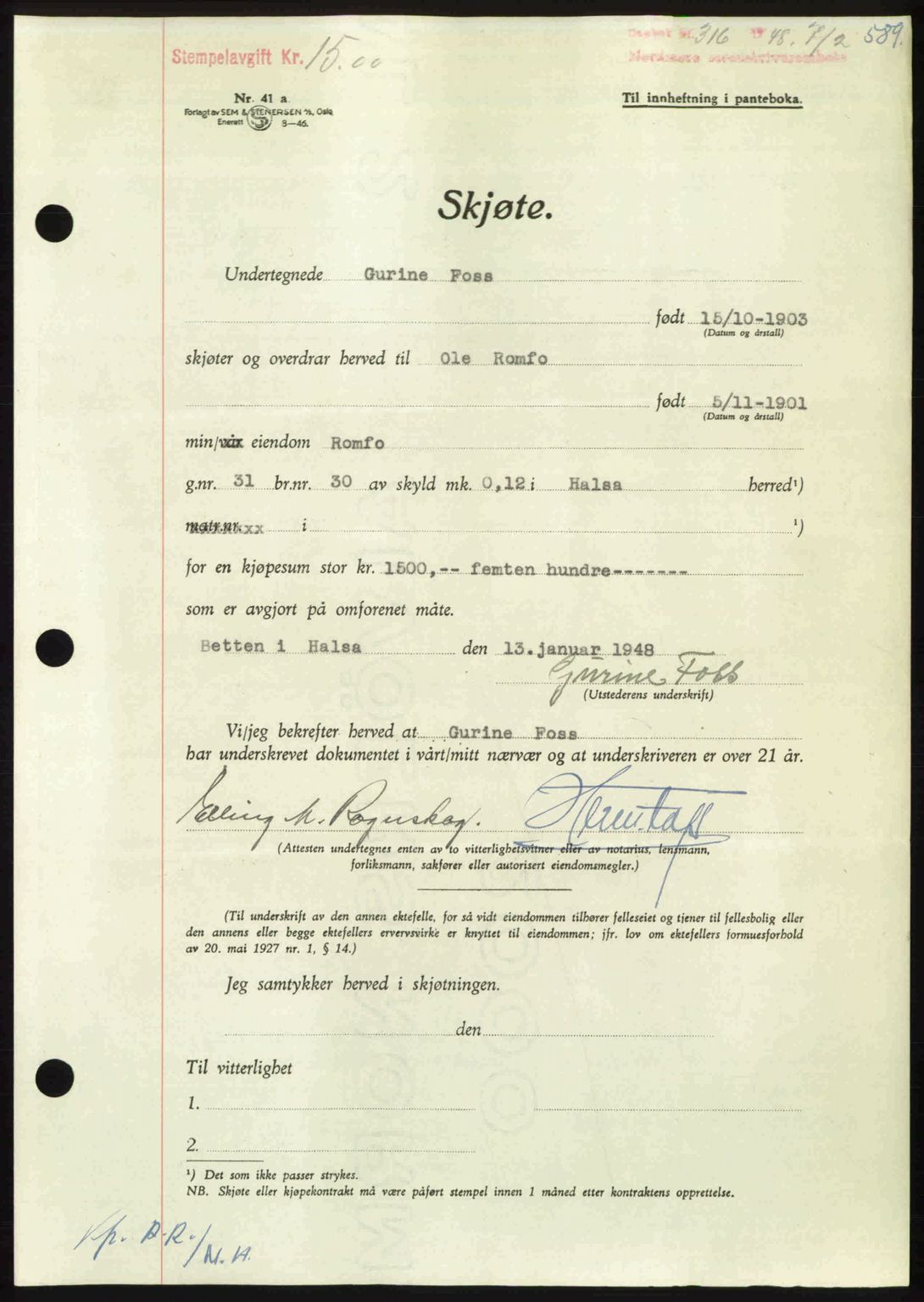 Nordmøre sorenskriveri, AV/SAT-A-4132/1/2/2Ca: Mortgage book no. A107, 1947-1948, Diary no: : 316/1948