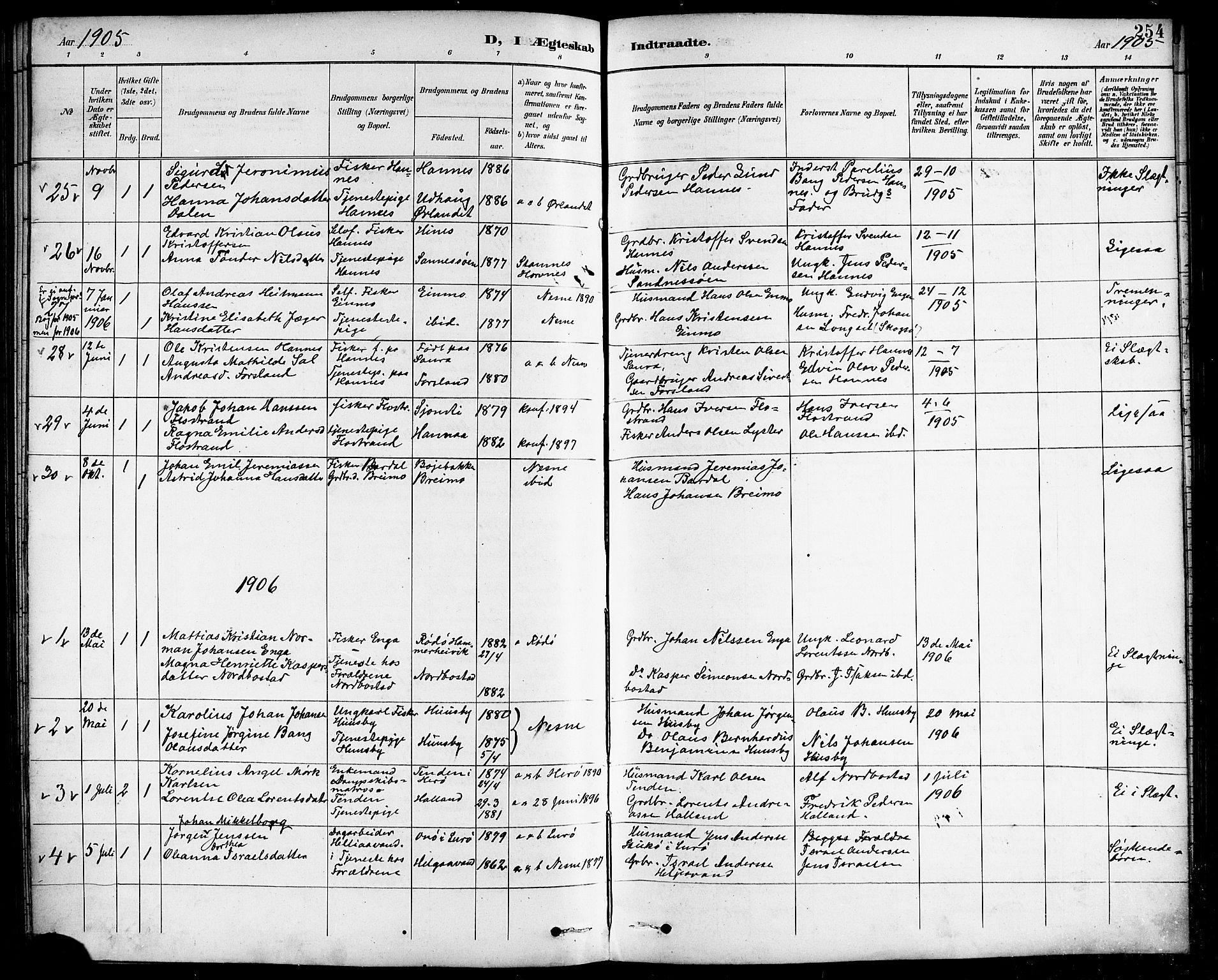 Ministerialprotokoller, klokkerbøker og fødselsregistre - Nordland, AV/SAT-A-1459/838/L0559: Parish register (copy) no. 838C06, 1893-1910, p. 254