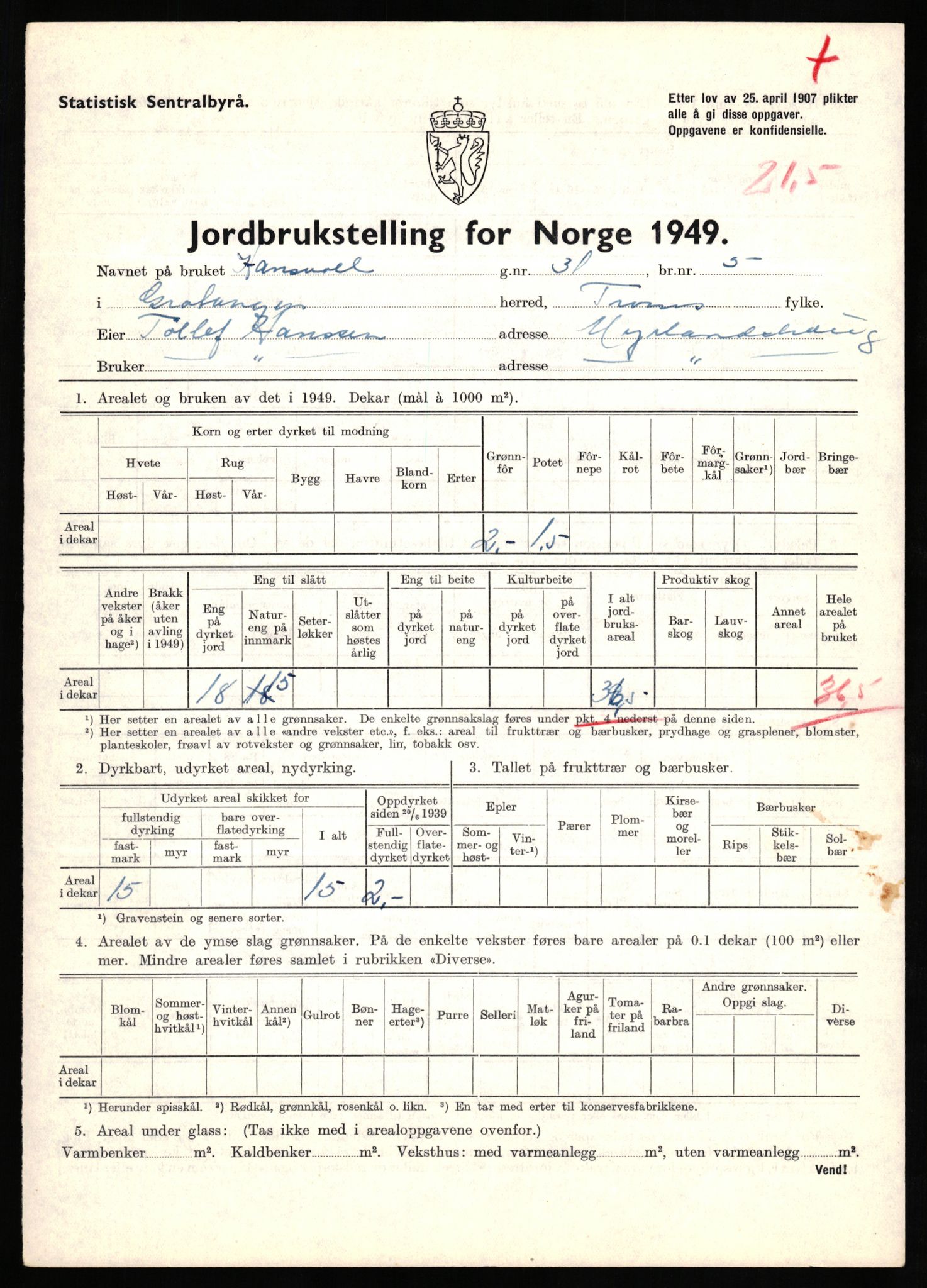 Statistisk sentralbyrå, Næringsøkonomiske emner, Jordbruk, skogbruk, jakt, fiske og fangst, AV/RA-S-2234/G/Gc/L0437: Troms: Gratangen og Lavangen, 1949, p. 1133