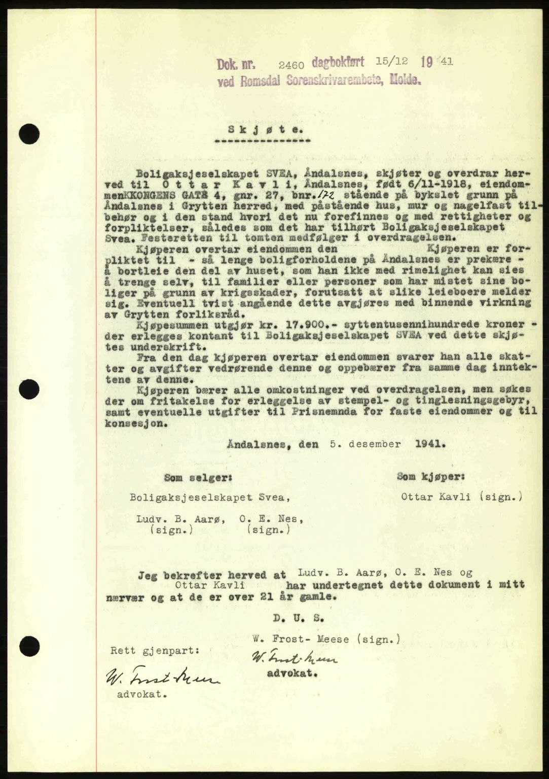 Romsdal sorenskriveri, AV/SAT-A-4149/1/2/2C: Mortgage book no. A11, 1941-1942, Diary no: : 2460/1941