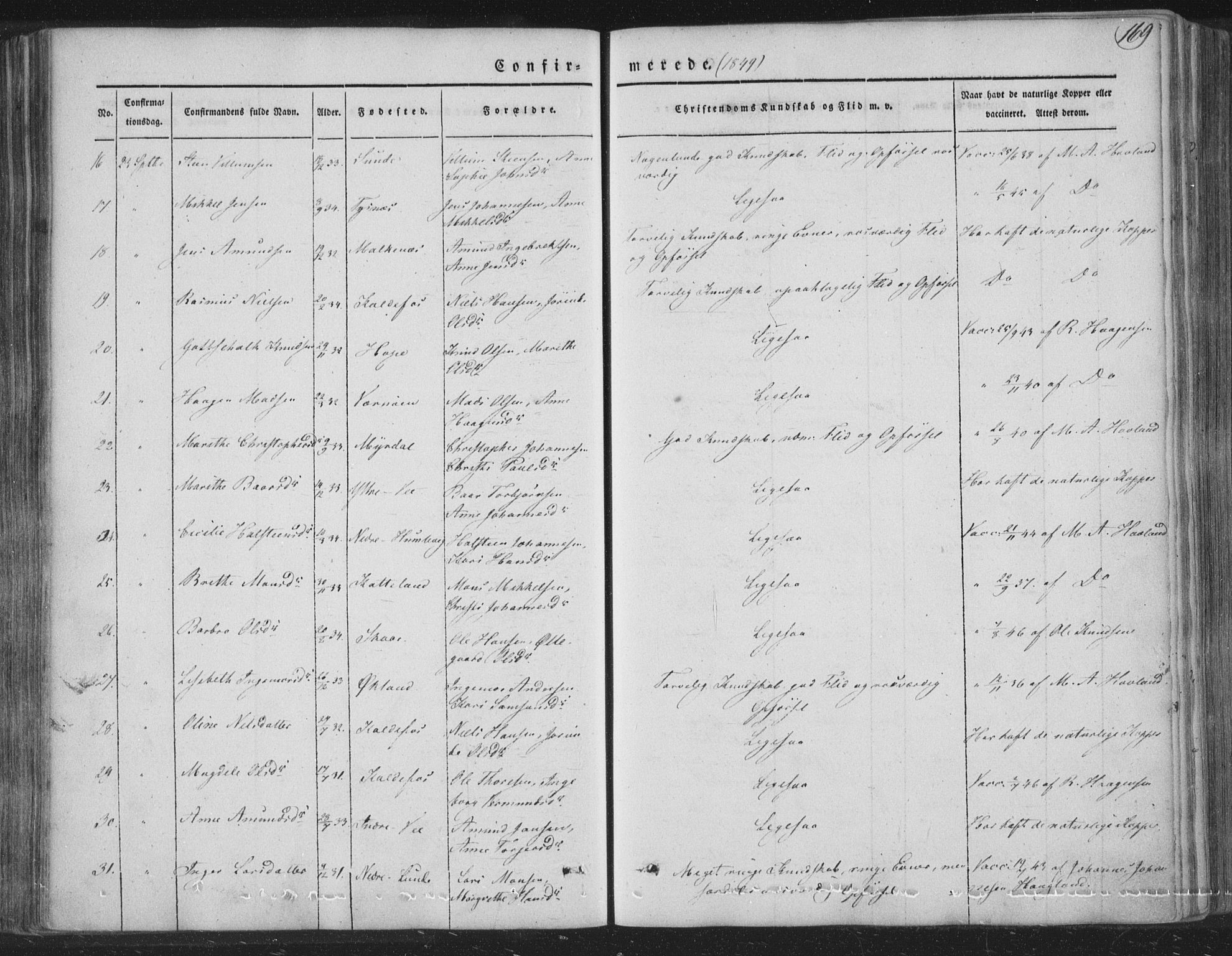 Tysnes sokneprestembete, AV/SAB-A-78601/H/Haa: Parish register (official) no. A 10, 1848-1859, p. 169