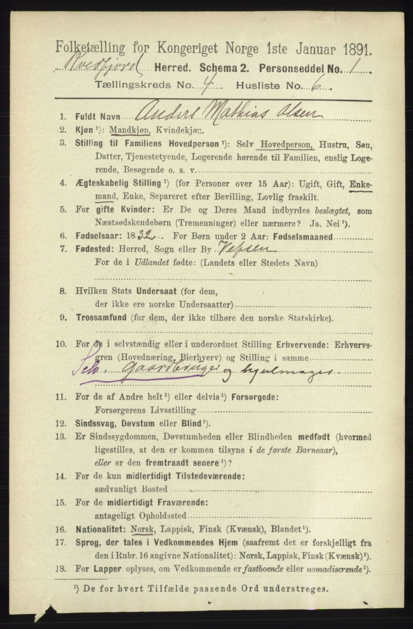 RA, 1891 census for 1911 Kvæfjord, 1891, p. 1921