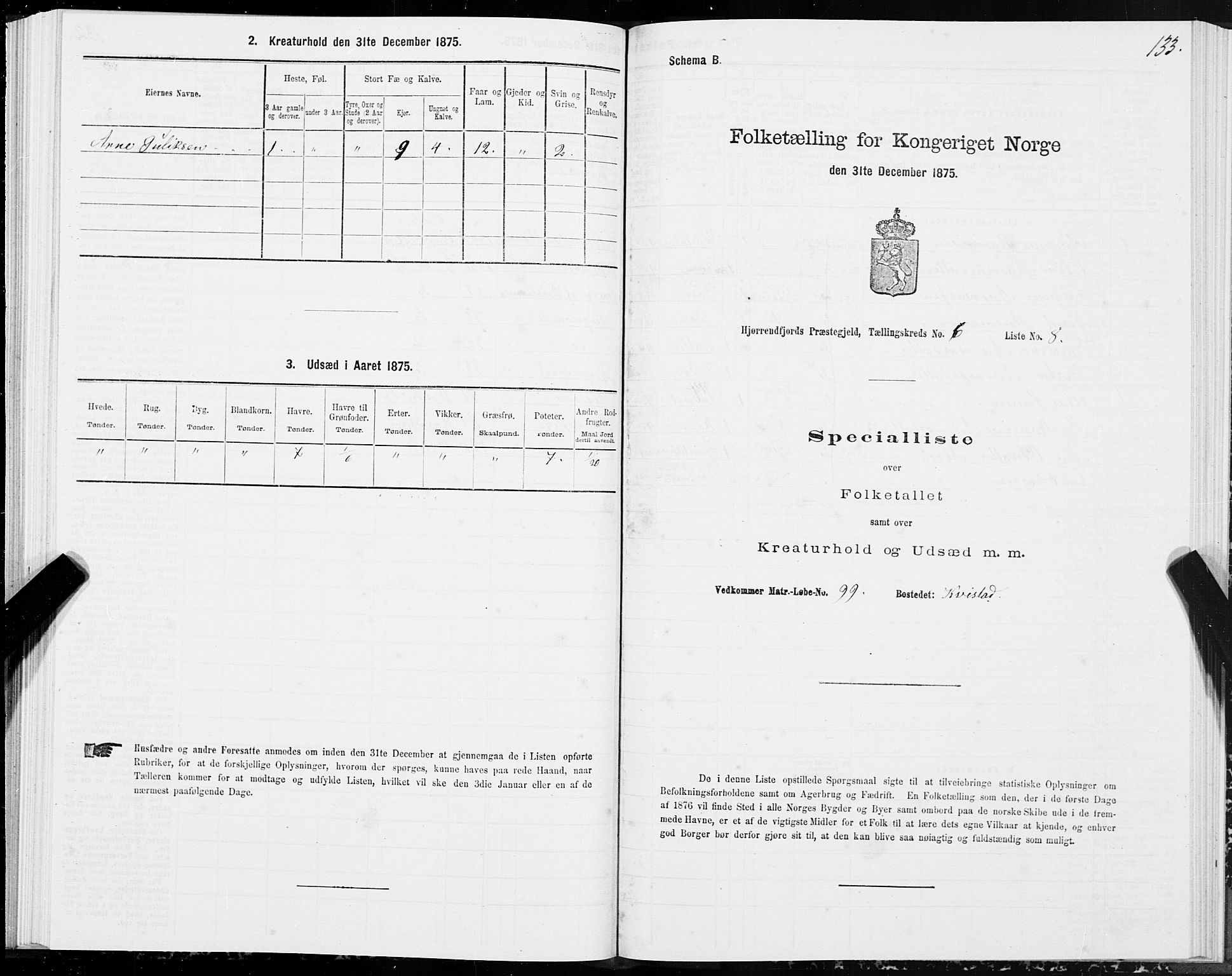 SAT, 1875 census for 1522P Hjørundfjord, 1875, p. 2133