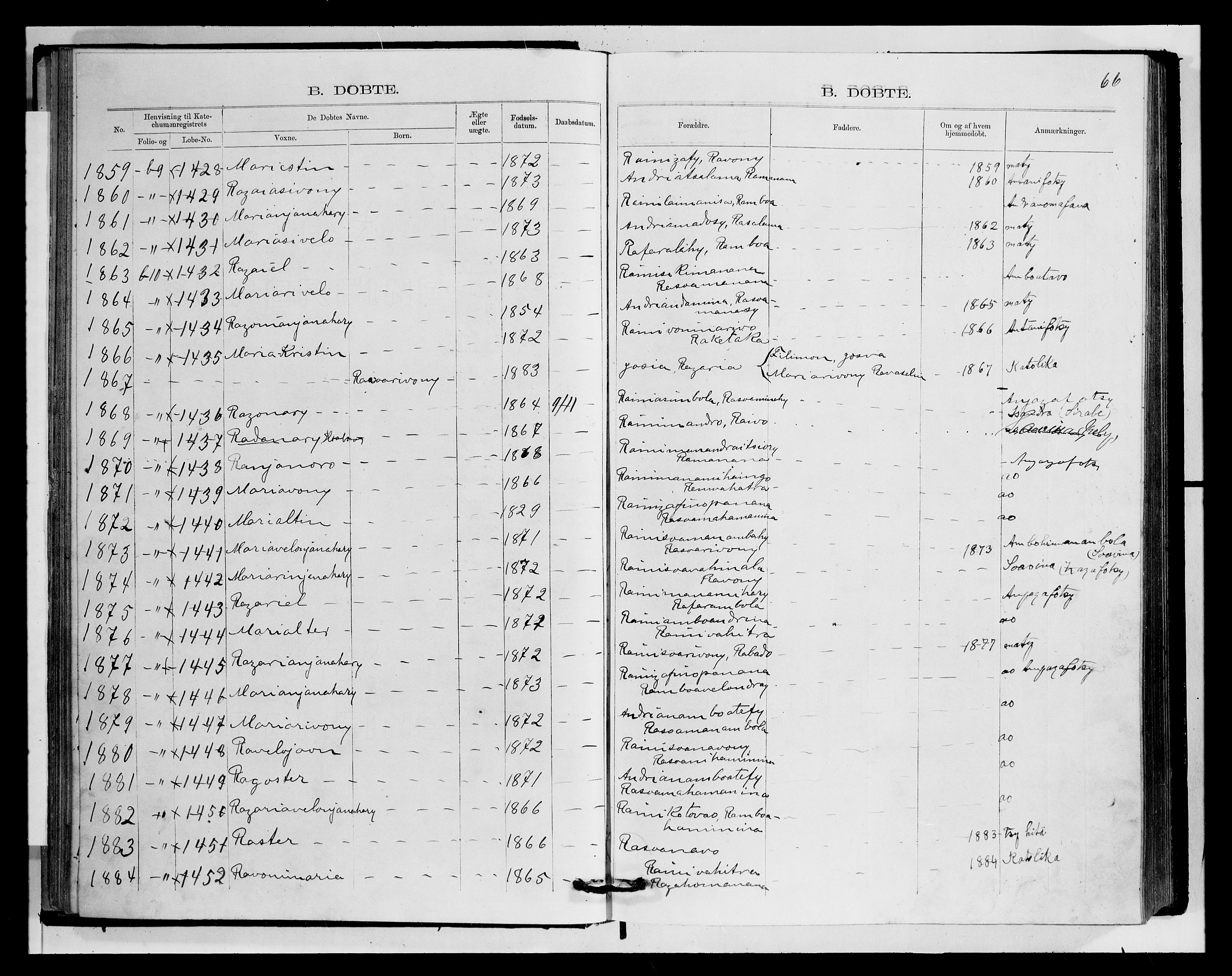 Archives FLM/NMS, Madagaskar, VID/MA-A-1163/D/Db/L0270: Parish register (official) no. 2, 1883-1886, p. 66