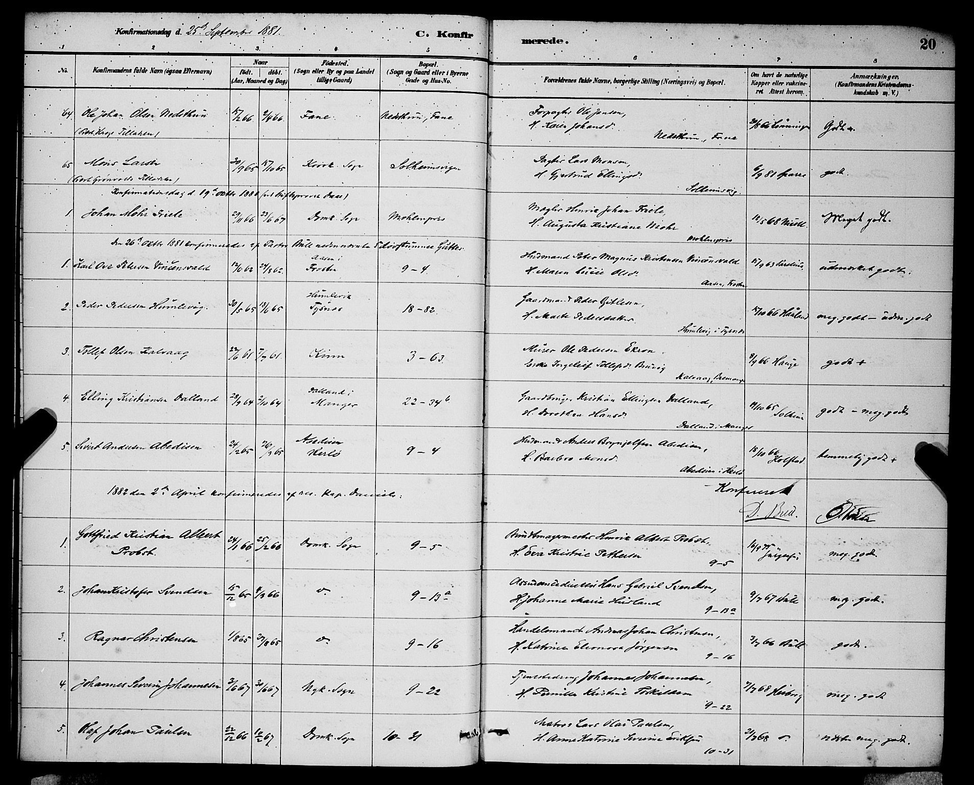 Domkirken sokneprestembete, SAB/A-74801/H/Hab/L0024: Parish register (copy) no. C 4, 1880-1899, p. 20