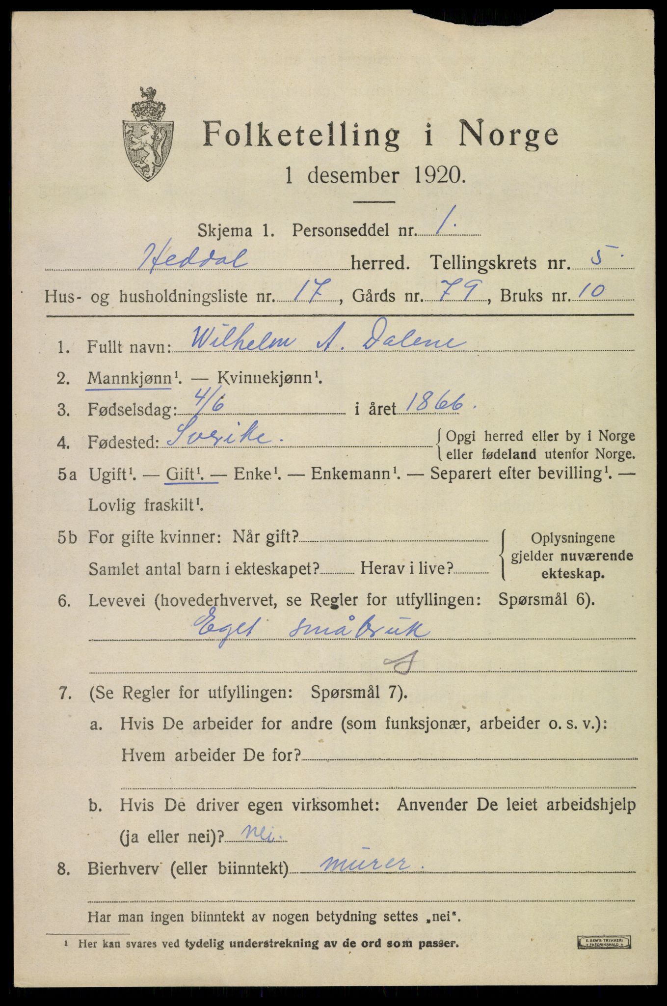 SAKO, 1920 census for Heddal, 1920, p. 4948