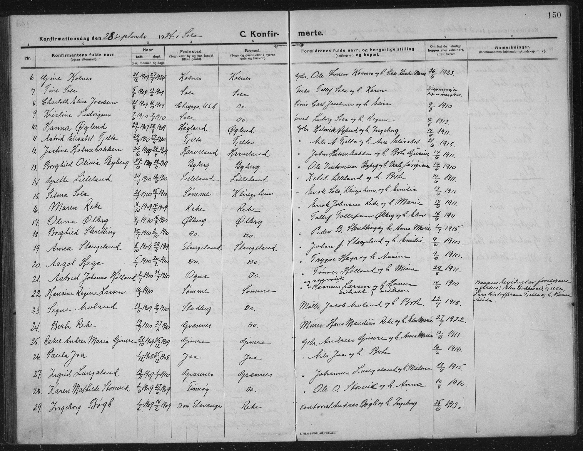 Håland sokneprestkontor, SAST/A-101802/002/C/L0001: Parish register (official) no. A 14, 1913-1927, p. 150