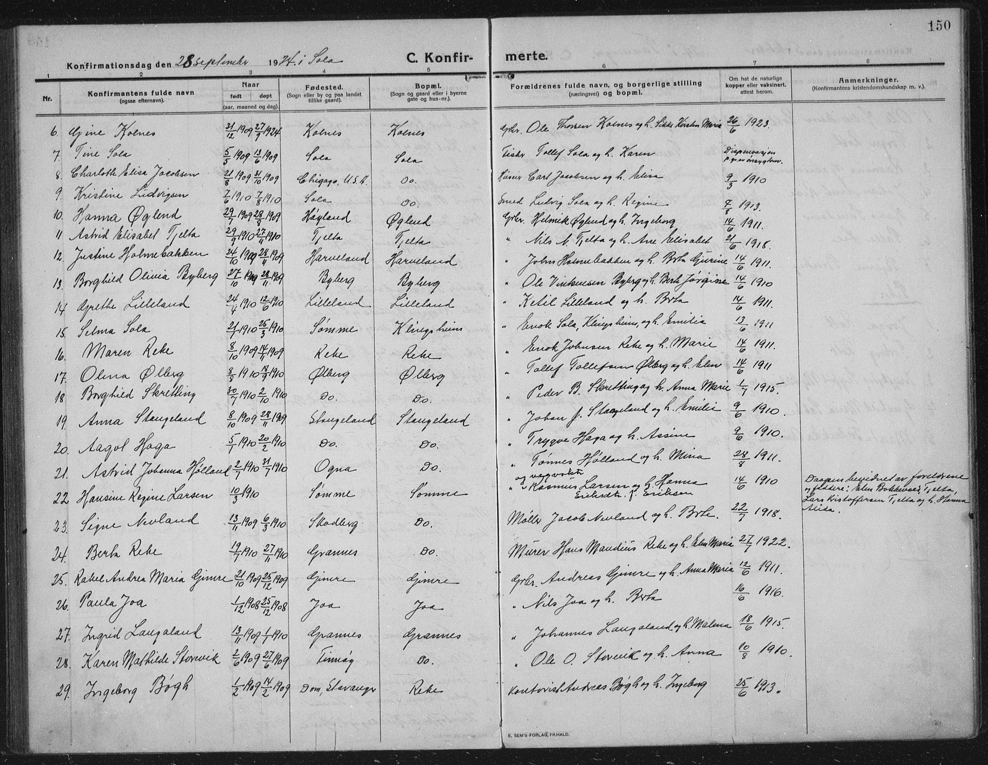 Håland sokneprestkontor, AV/SAST-A-101802/002/C/L0001: Parish register (official) no. A 14, 1913-1927, p. 150