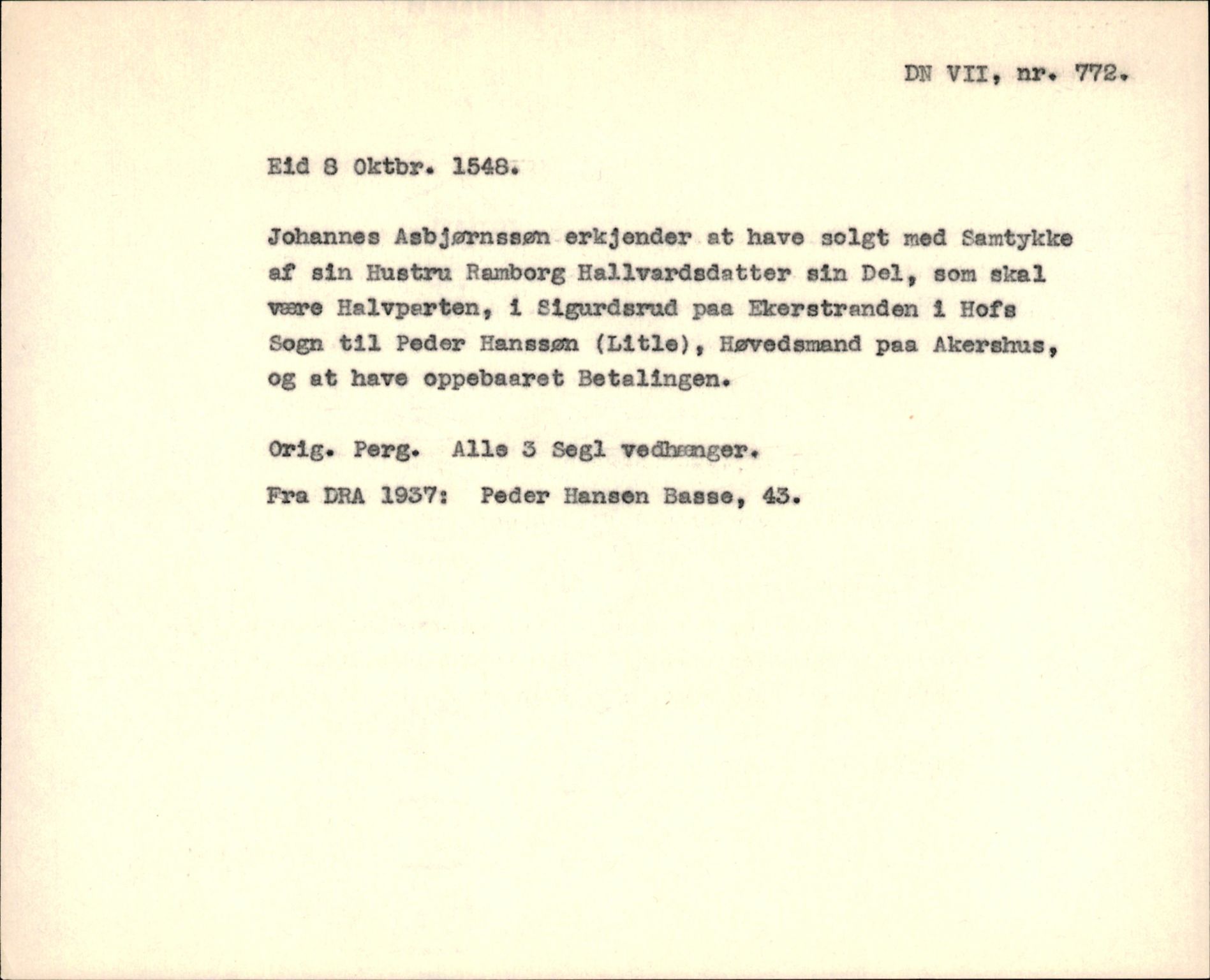 Riksarkivets diplomsamling, AV/RA-EA-5965/F35/F35f/L0002: Regestsedler: Diplomer fra DRA 1937 og 1996, p. 289