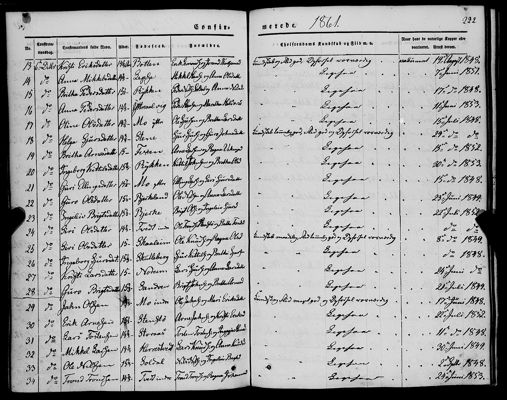 Kvam sokneprestembete, AV/SAB-A-76201/H/Haa: Parish register (official) no. A 8, 1844-1863, p. 222