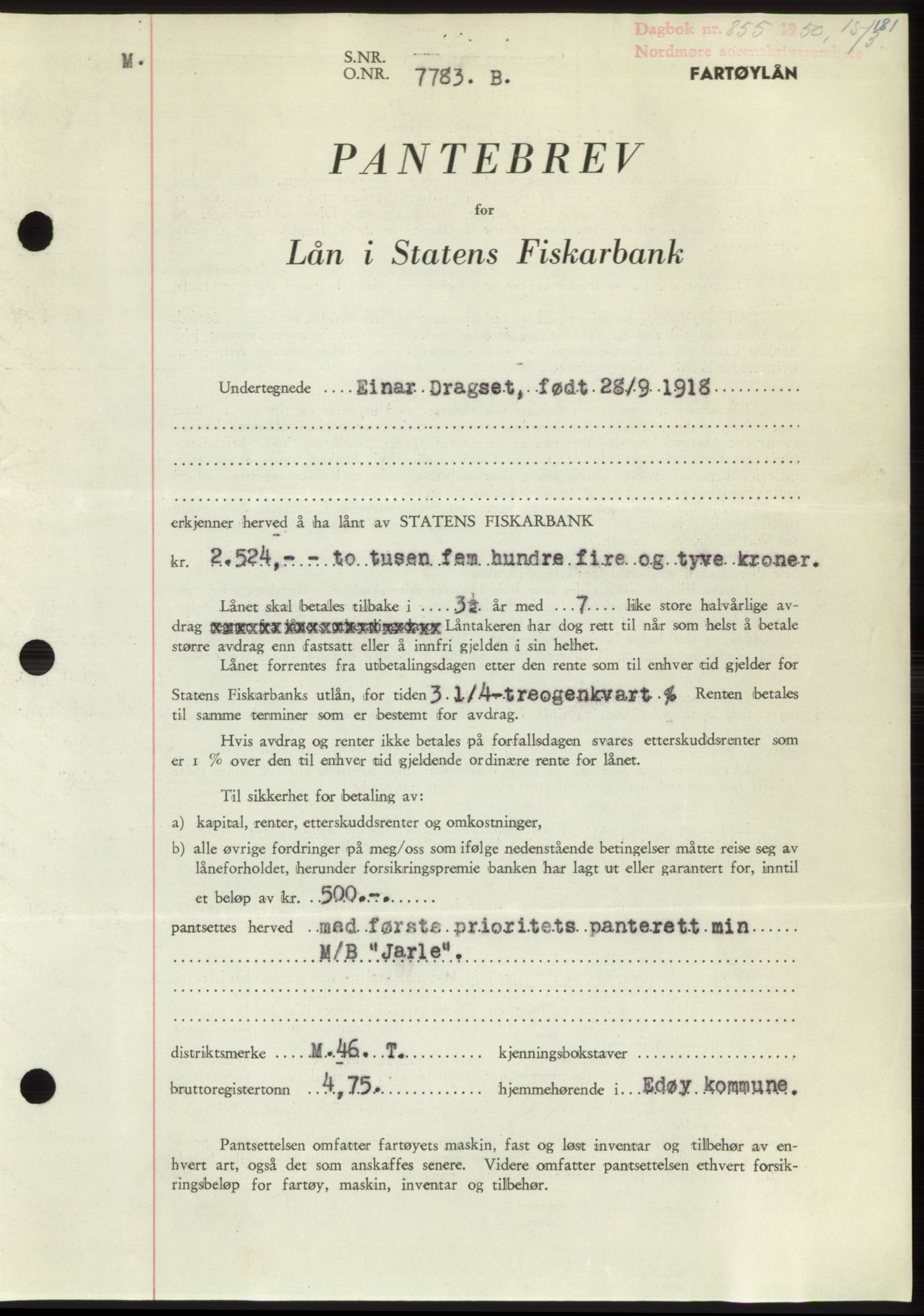 Nordmøre sorenskriveri, AV/SAT-A-4132/1/2/2Ca: Mortgage book no. B104, 1950-1950, Diary no: : 855/1950