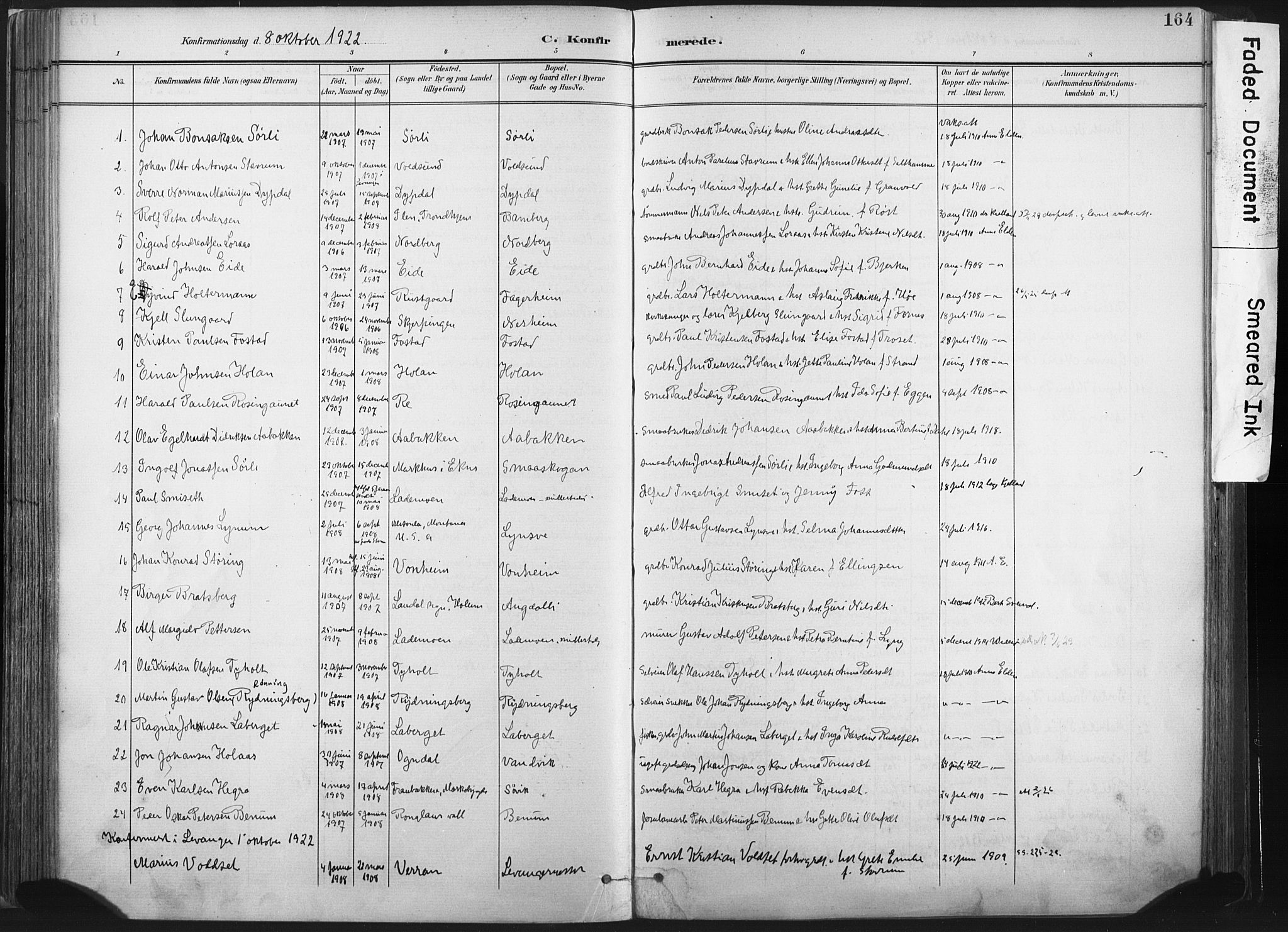 Ministerialprotokoller, klokkerbøker og fødselsregistre - Nord-Trøndelag, AV/SAT-A-1458/717/L0162: Parish register (official) no. 717A12, 1898-1923, p. 164