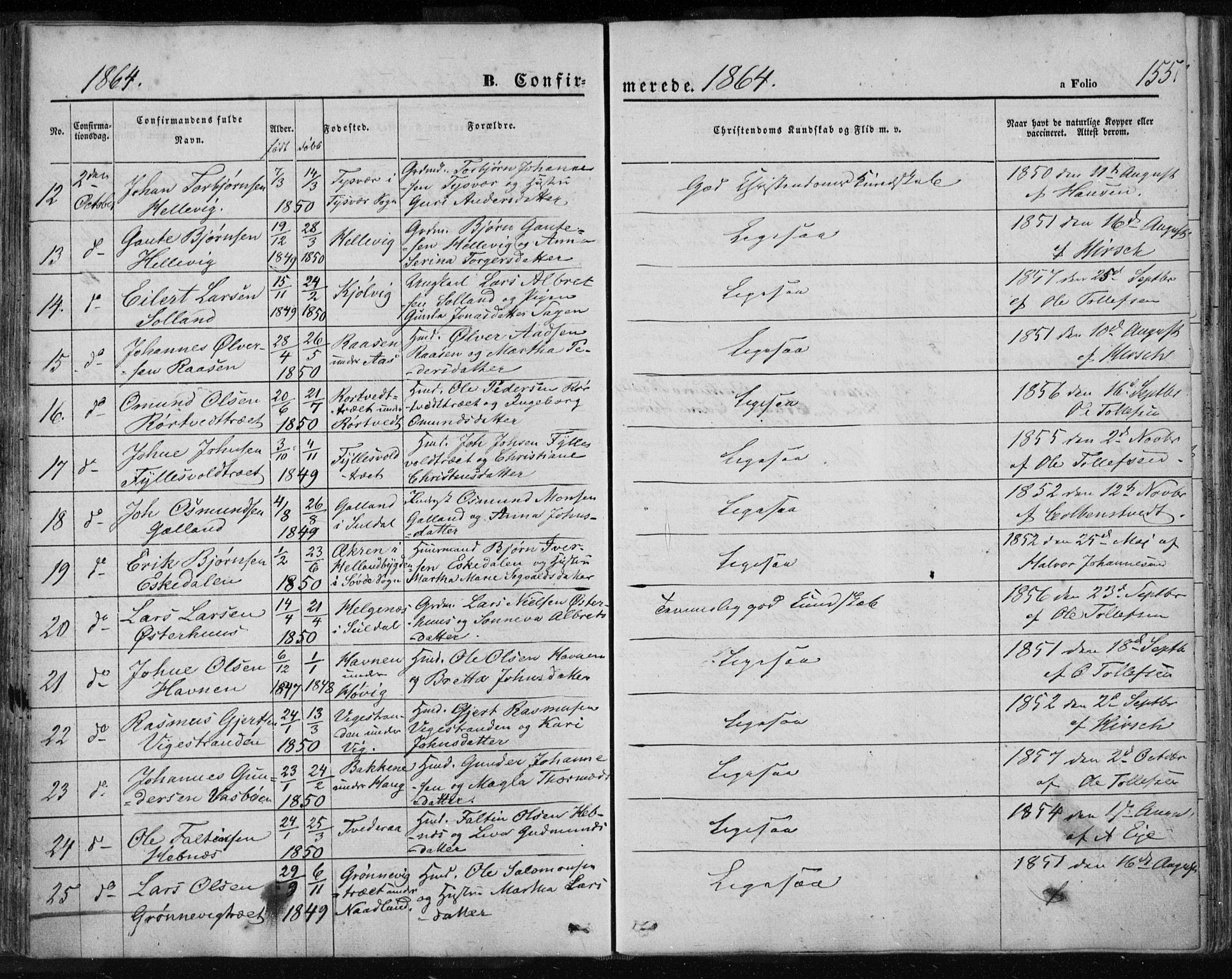 Jelsa sokneprestkontor, AV/SAST-A-101842/01/IV: Parish register (official) no. A 7, 1854-1866, p. 155