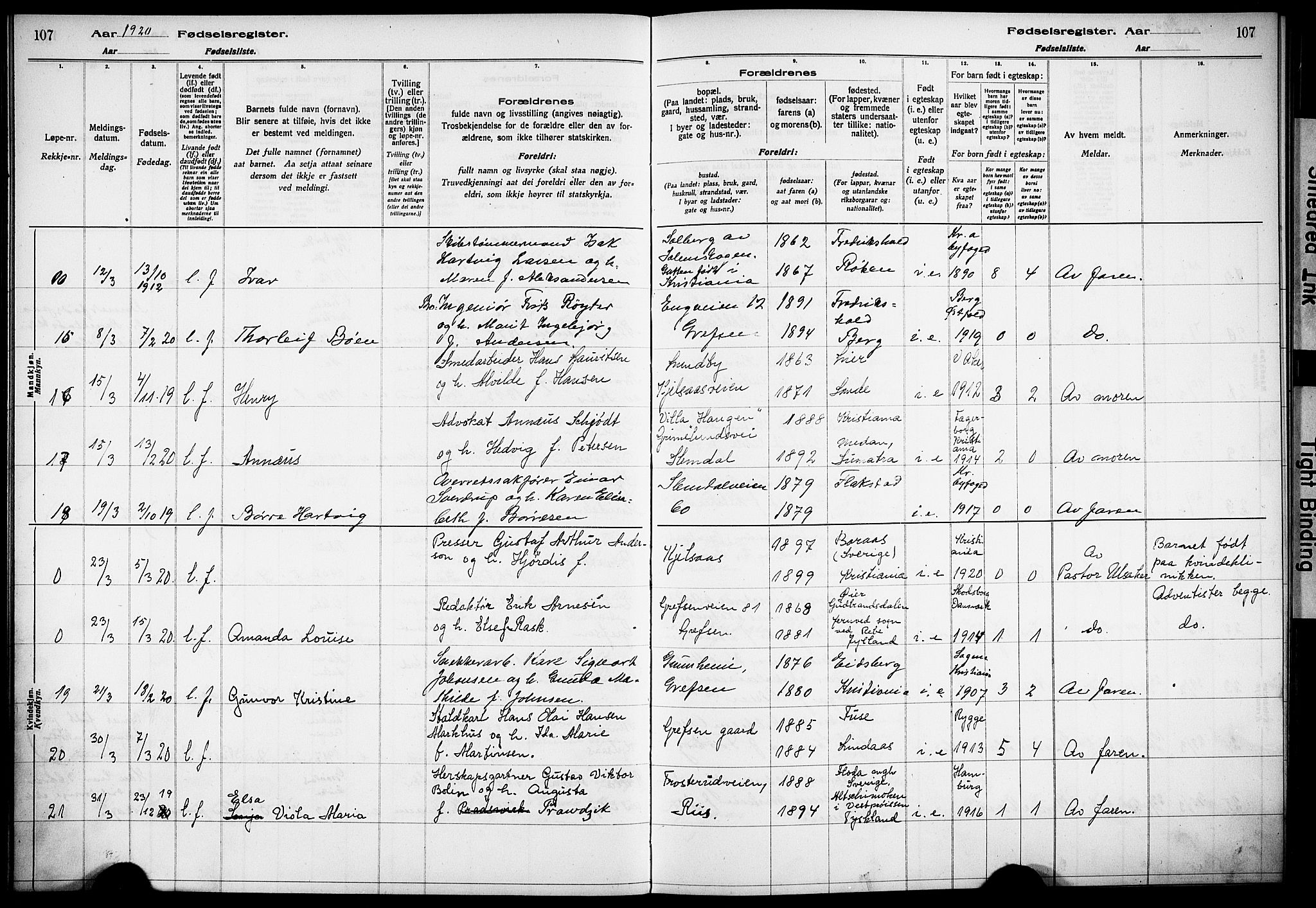 Vestre Aker prestekontor Kirkebøker, SAO/A-10025/J/Ja/L0001: Birth register no. 1, 1916-1922, p. 107