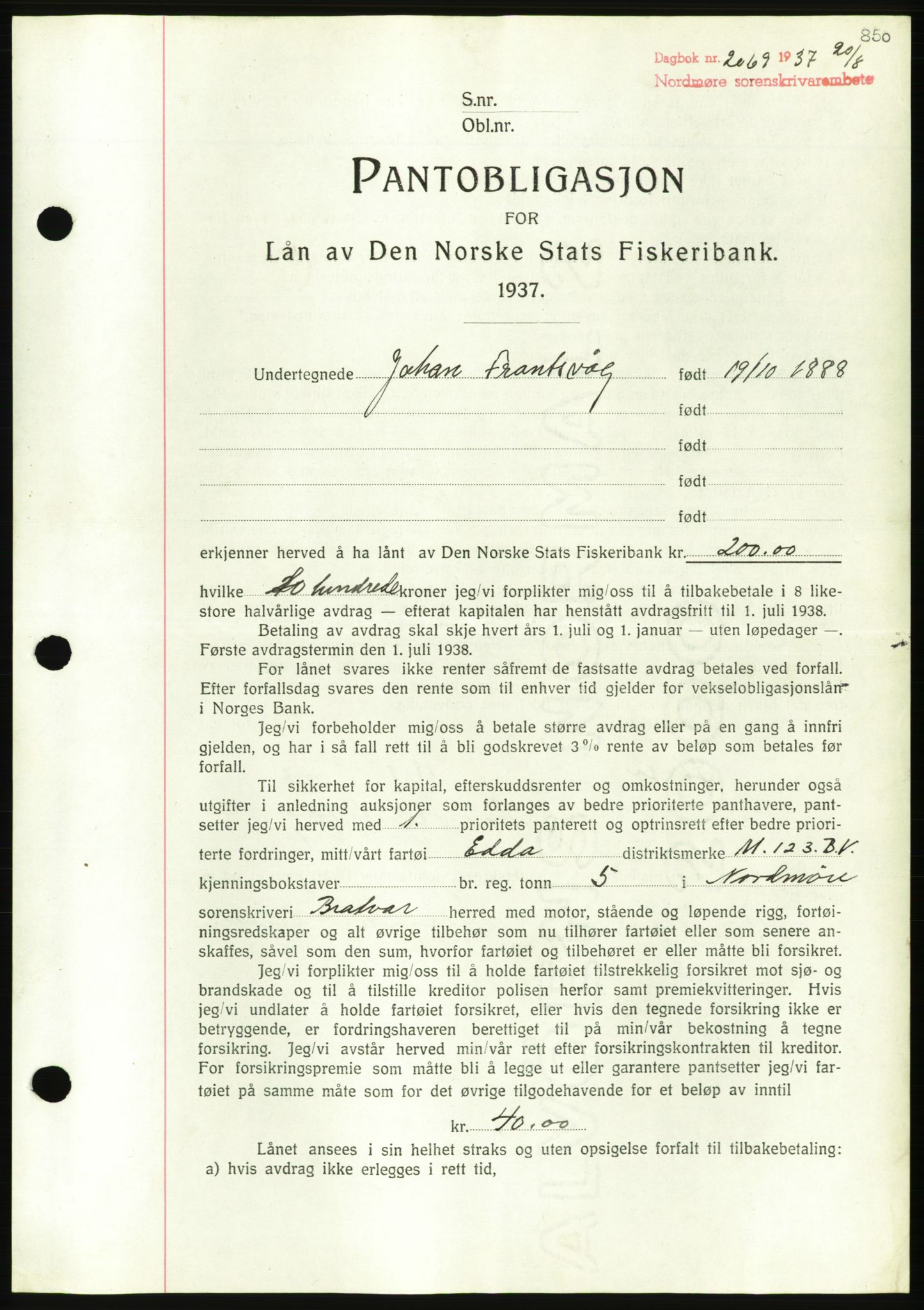 Nordmøre sorenskriveri, AV/SAT-A-4132/1/2/2Ca/L0091: Mortgage book no. B81, 1937-1937, Diary no: : 2069/1937