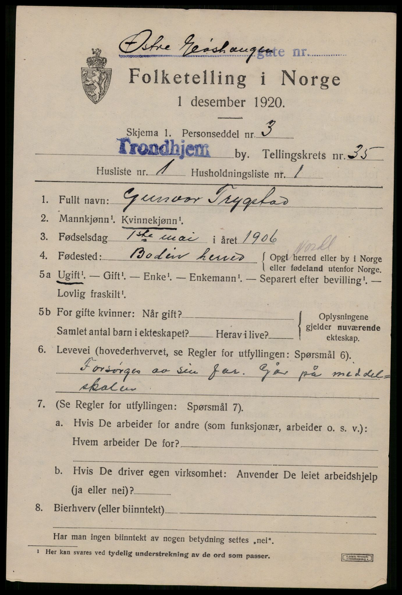 SAT, 1920 census for Trondheim, 1920, p. 81106