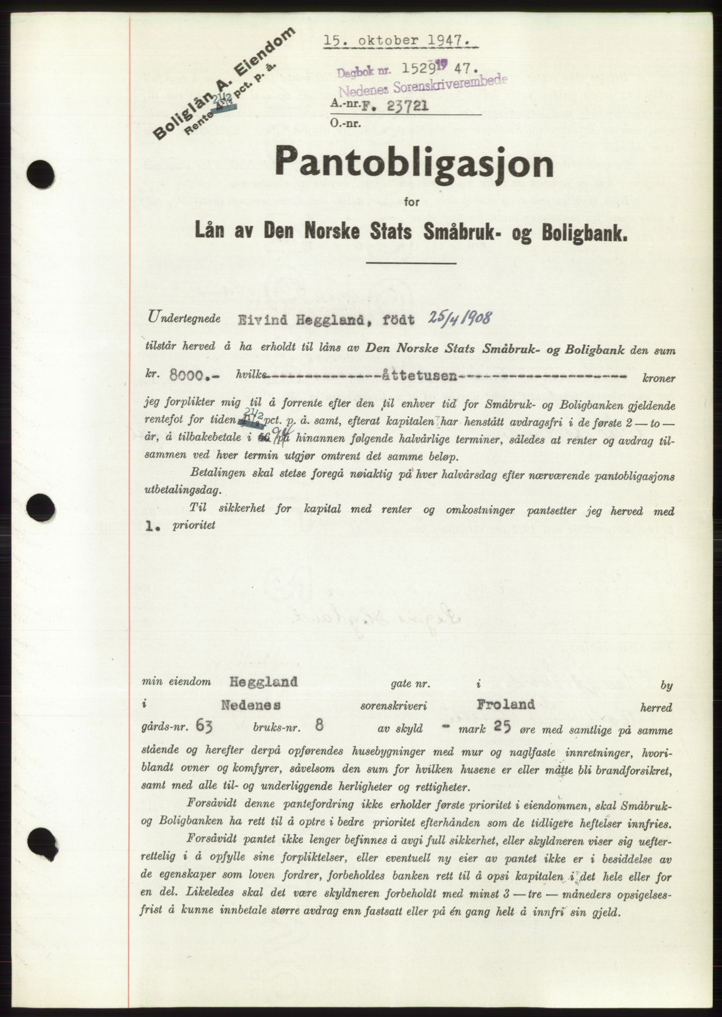 Nedenes sorenskriveri, AV/SAK-1221-0006/G/Gb/Gbb/L0004: Mortgage book no. B4, 1947-1947, Diary no: : 1529/1947
