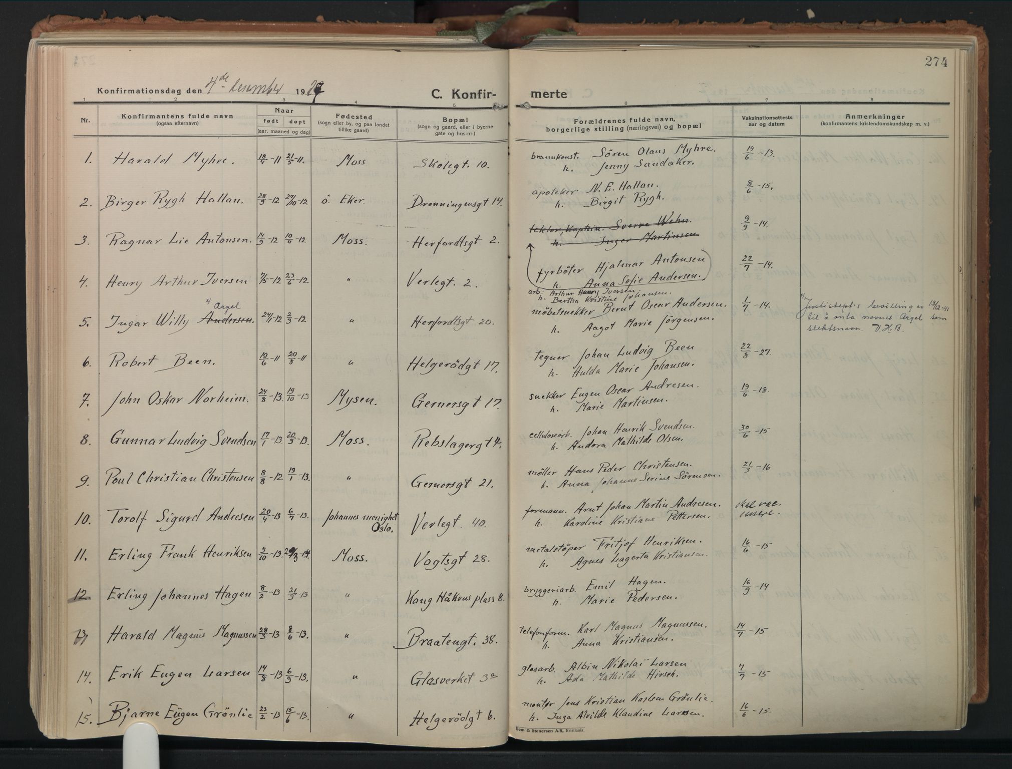 Moss prestekontor Kirkebøker, AV/SAO-A-2003/F/Fb/L0006: Parish register (official) no. II 6, 1924-1932, p. 274