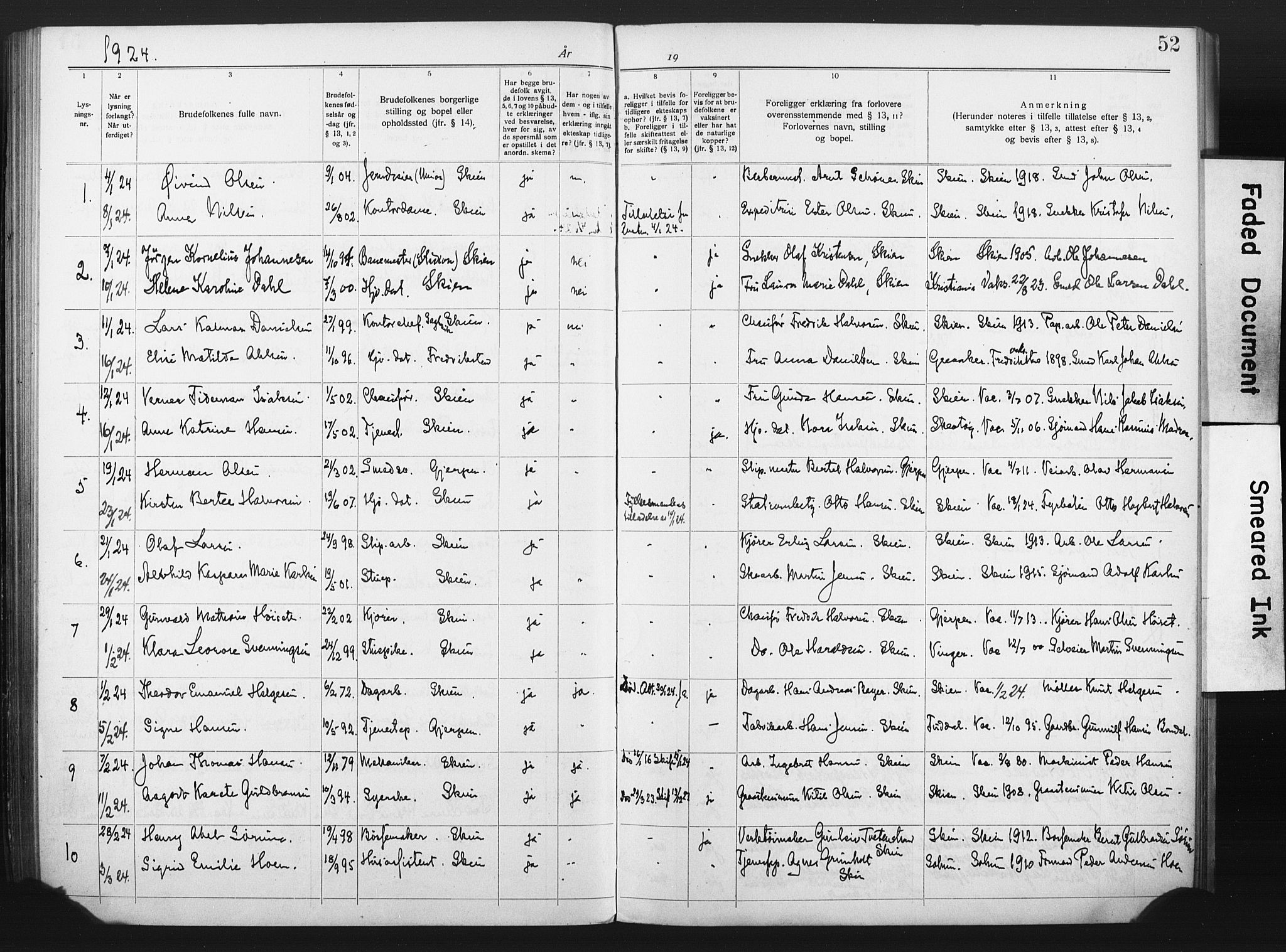 Skien kirkebøker, SAKO/A-302/H/Ha/L0001: Banns register no. 1, 1919-1929, p. 52