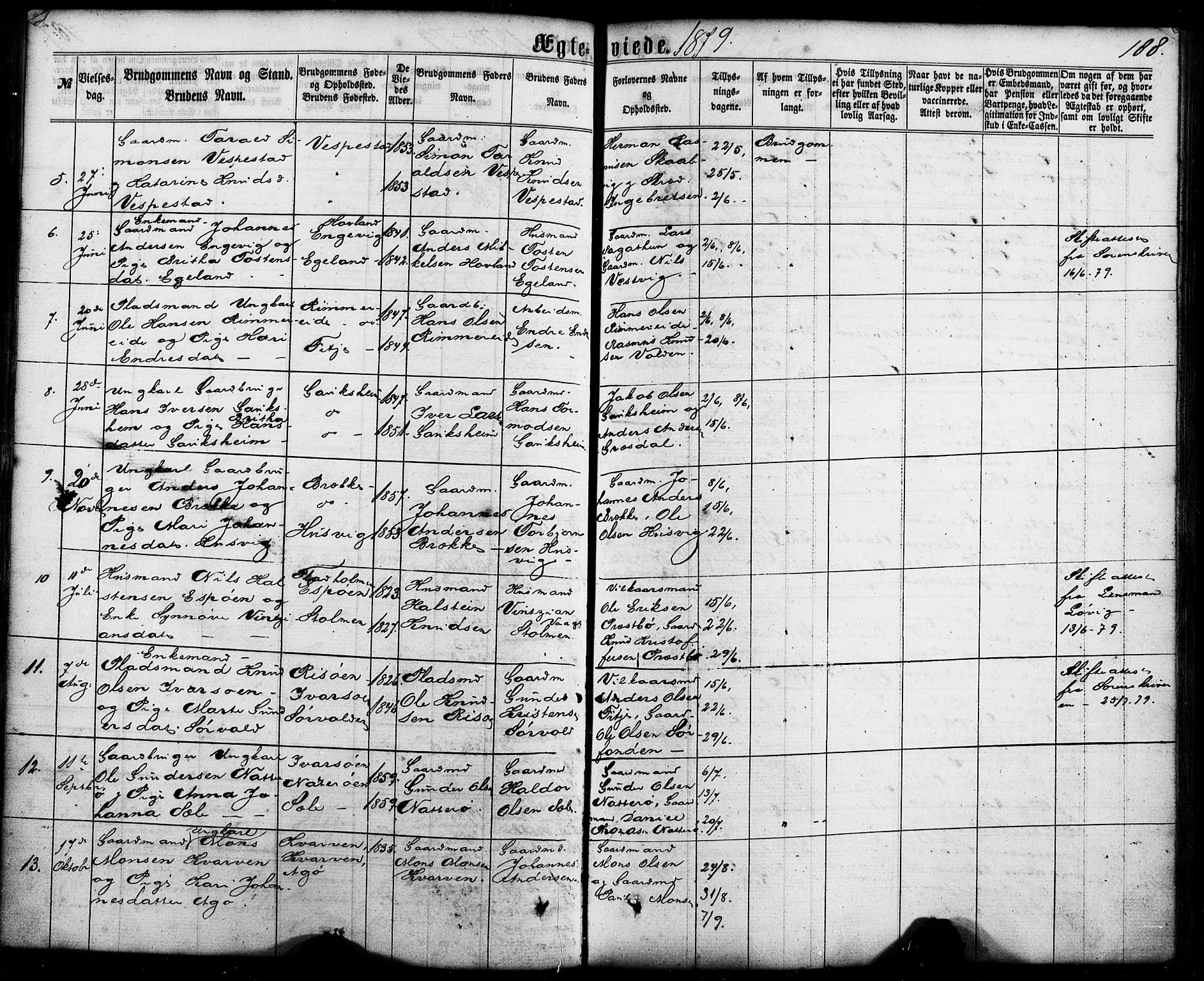 Fitjar sokneprestembete, AV/SAB-A-99926: Parish register (official) no. A 1, 1862-1881, p. 188