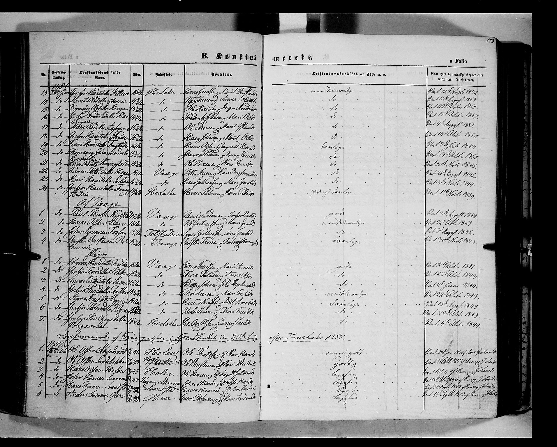 Vågå prestekontor, SAH/PREST-076/H/Ha/Haa/L0006: Parish register (official) no. 6 /1, 1856-1872, p. 173