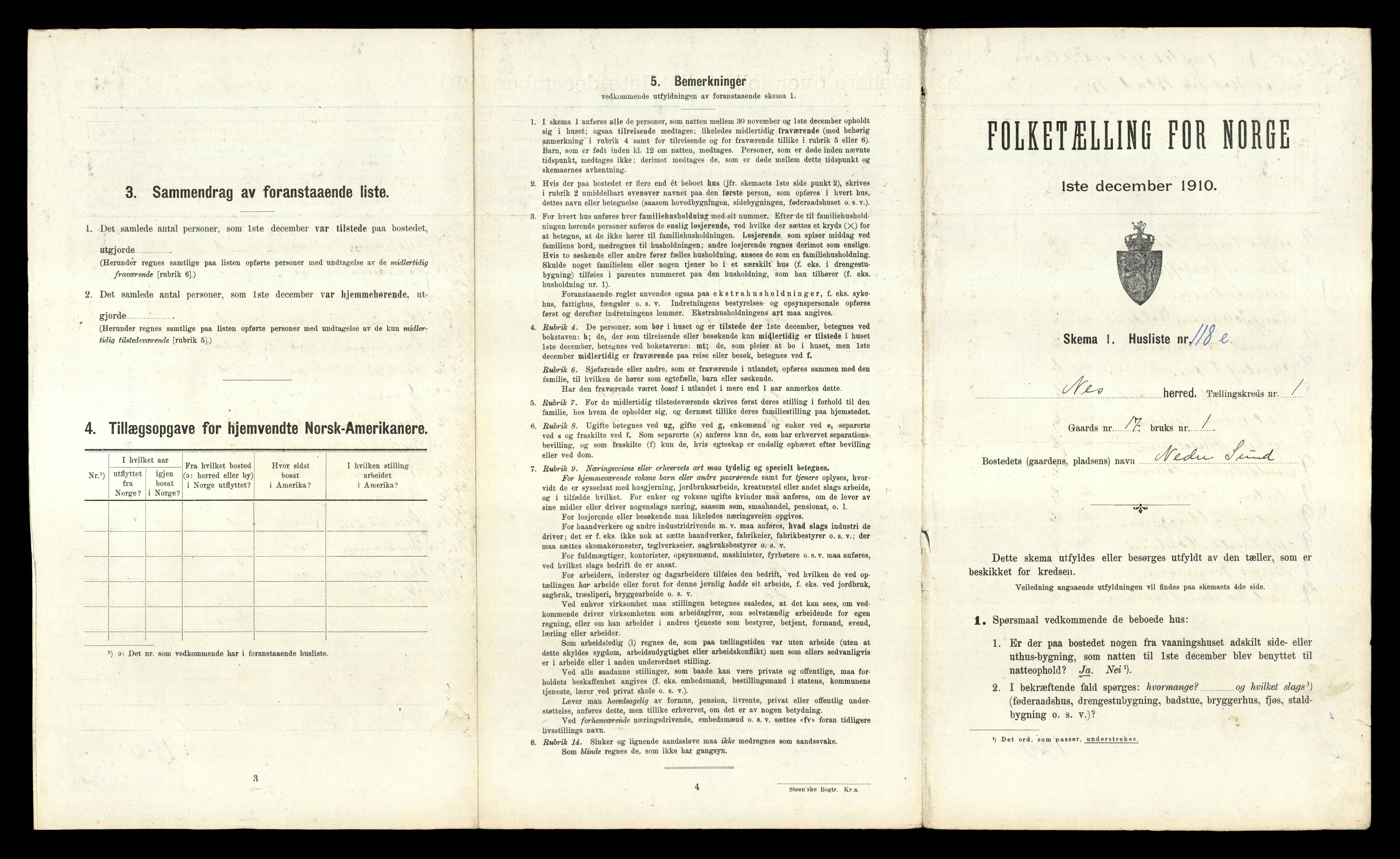 RA, 1910 census for Nes, 1910, p. 279