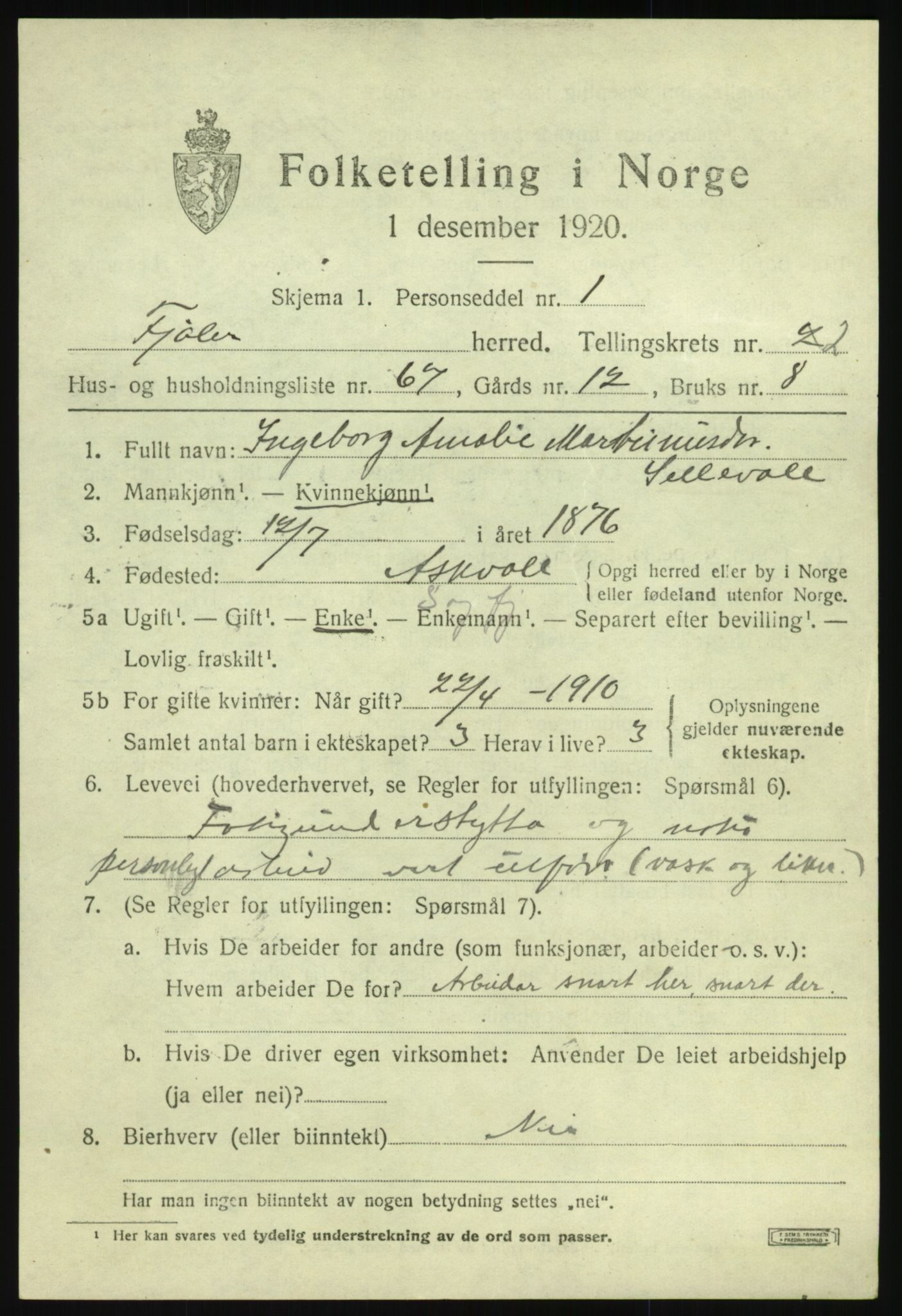 SAB, 1920 census for Fjaler, 1920, p. 2655