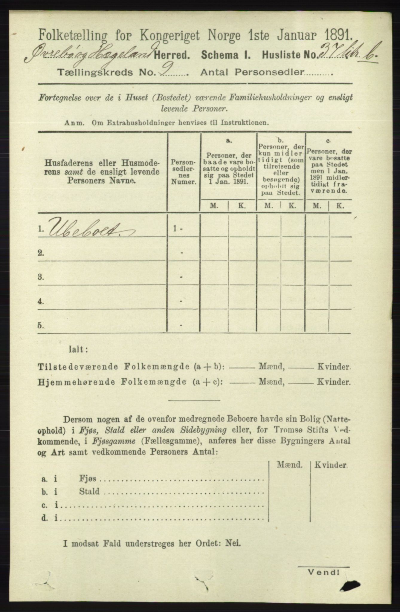 RA, 1891 census for 1016 Øvrebø og Hægeland, 1891, p. 1742