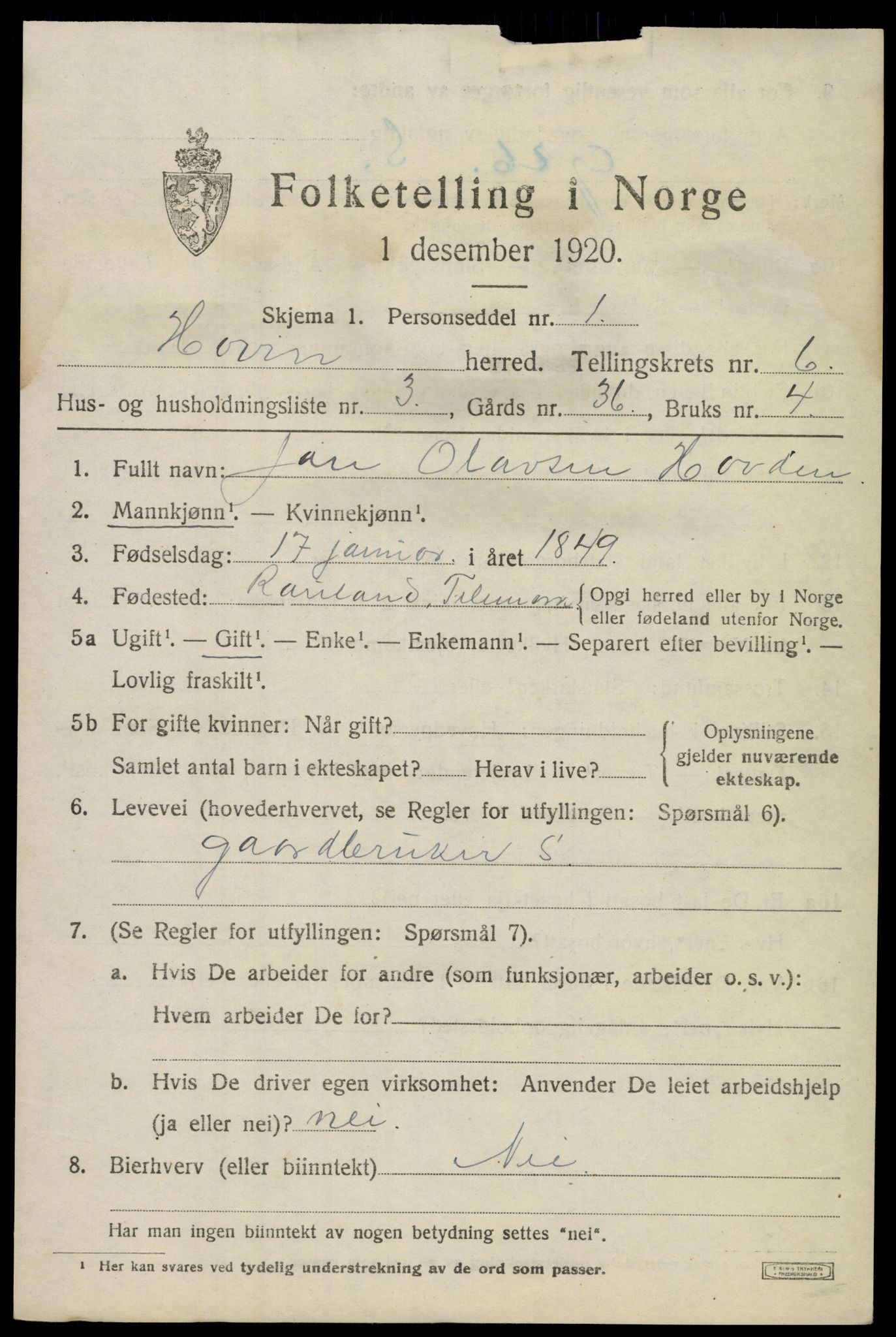 SAKO, 1920 census for Hovin, 1920, p. 1455