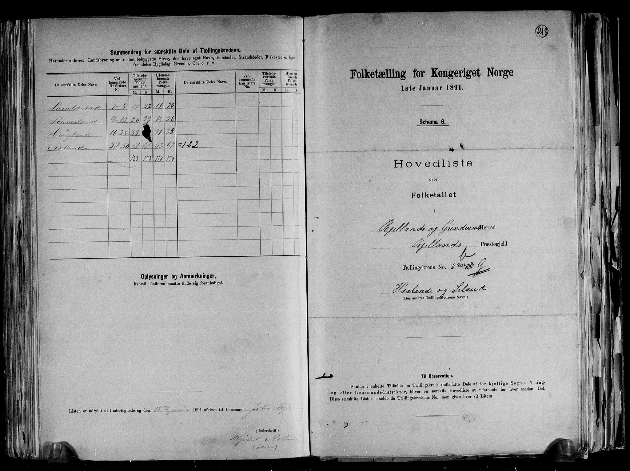 RA, 1891 census for 1024 Bjelland og Grindheim, 1891, p. 16