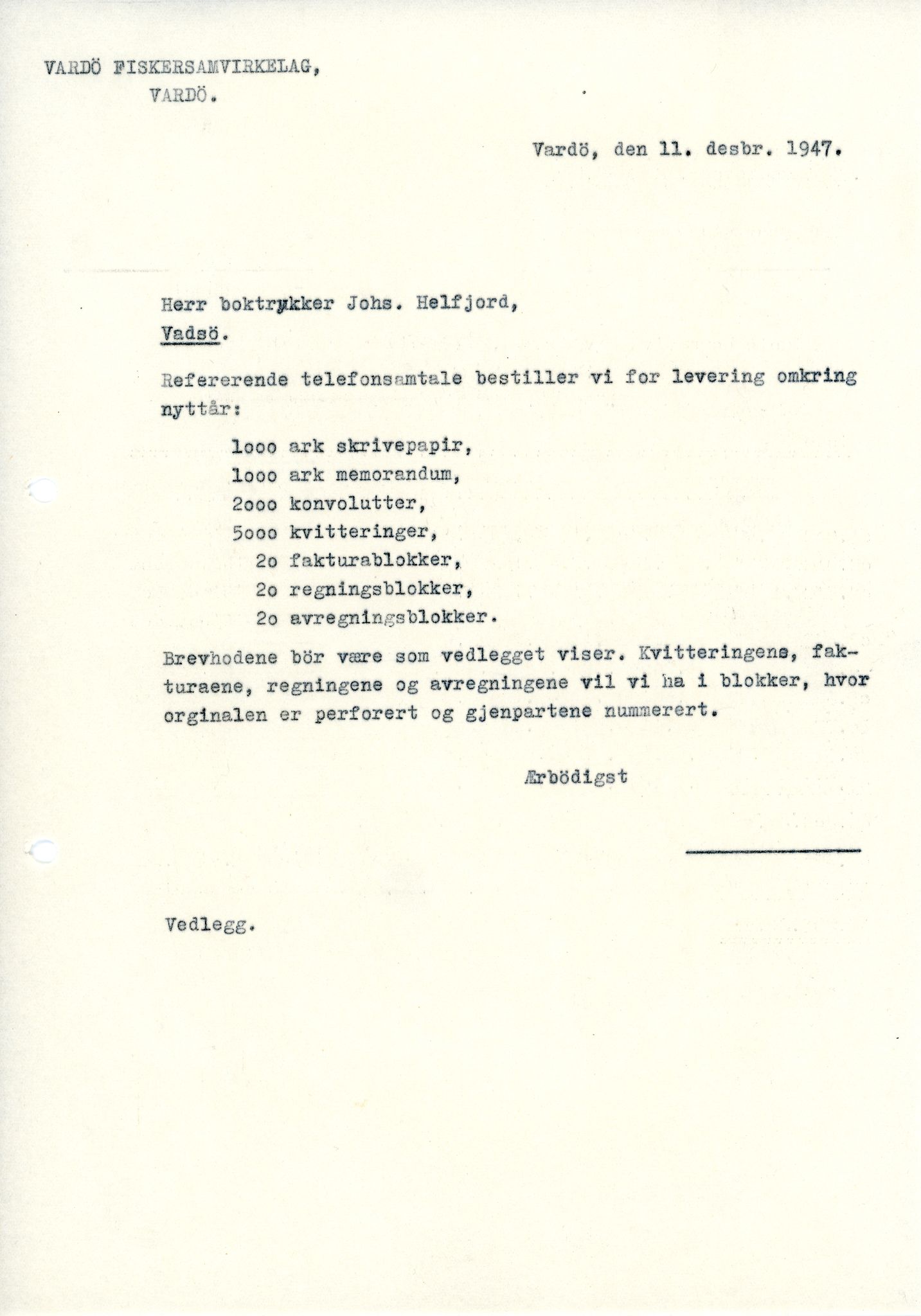 Vardø Fiskersamvirkelag, VAMU/A-0037/D/Da/L0008: Korrespondanse Tr-År, 1947-1950