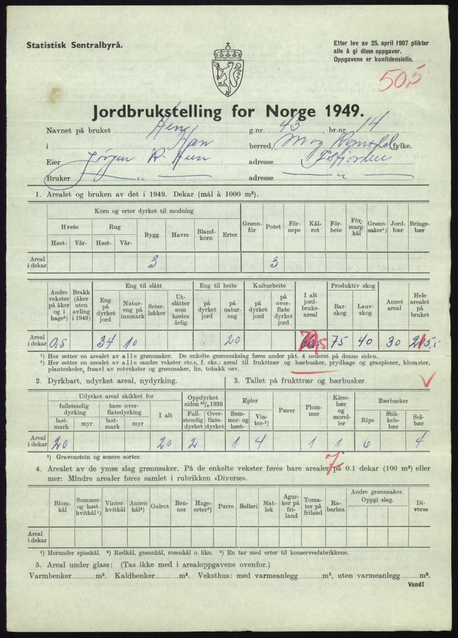 Statistisk sentralbyrå, Næringsøkonomiske emner, Jordbruk, skogbruk, jakt, fiske og fangst, AV/RA-S-2234/G/Gc/L0323: Møre og Romsdal: Grytten og Hen, 1949, p. 765