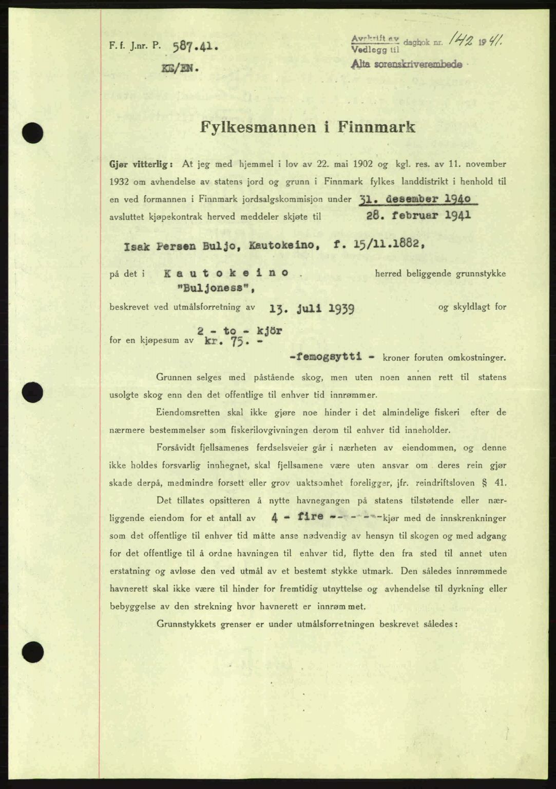 Alta fogderi/sorenskriveri, SATØ/SATØ-5/1/K/Kd/L0033pantebok: Mortgage book no. 33, 1940-1943, Diary no: : 142/1941