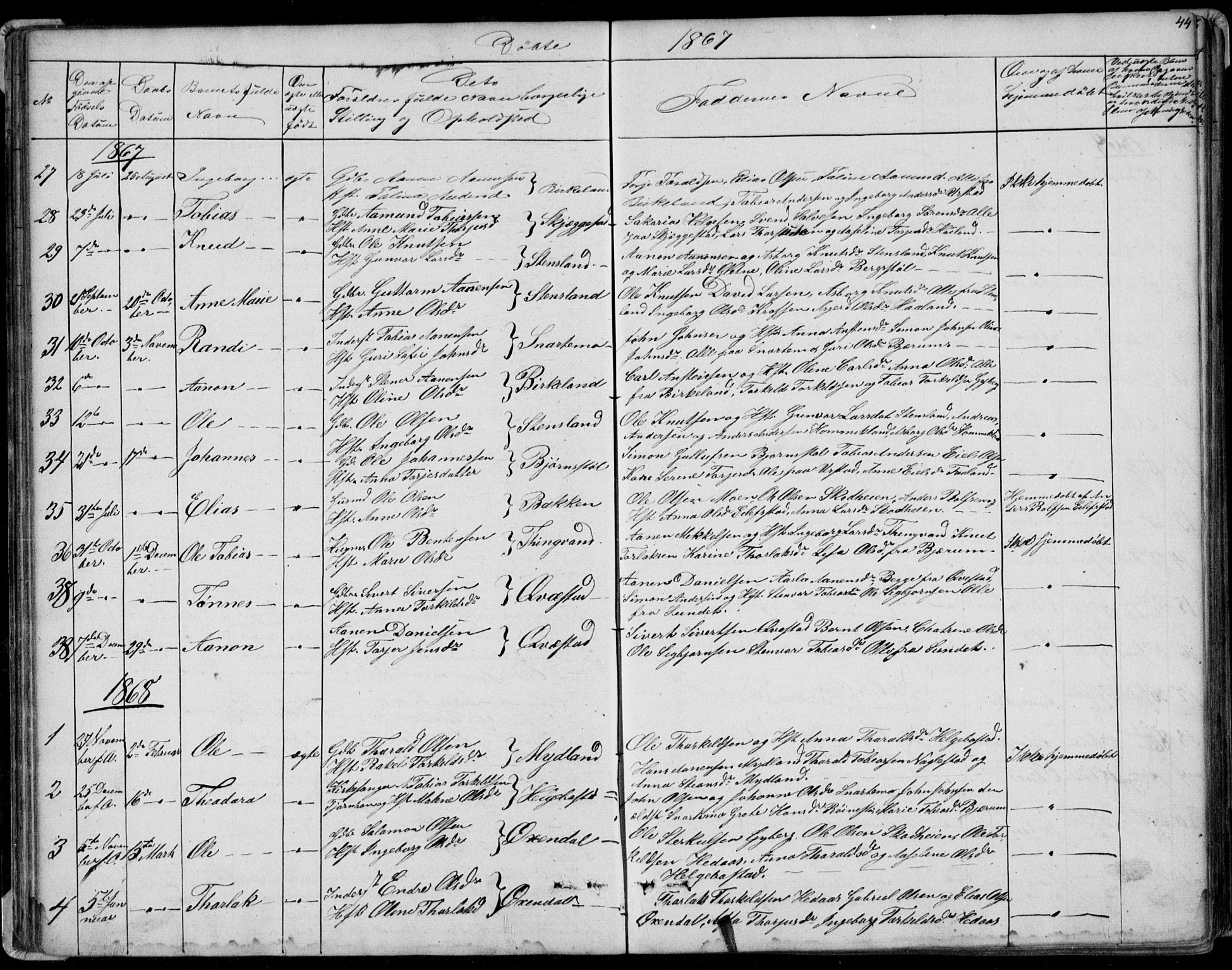 Hægebostad sokneprestkontor, SAK/1111-0024/F/Fb/Fba/L0002: Parish register (copy) no. B 2, 1851-1882, p. 44