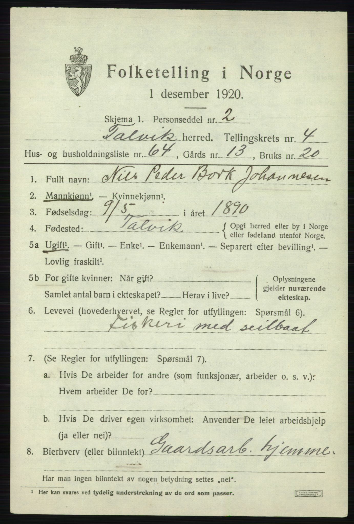 SATØ, 1920 census for Talvik, 1920, p. 3350