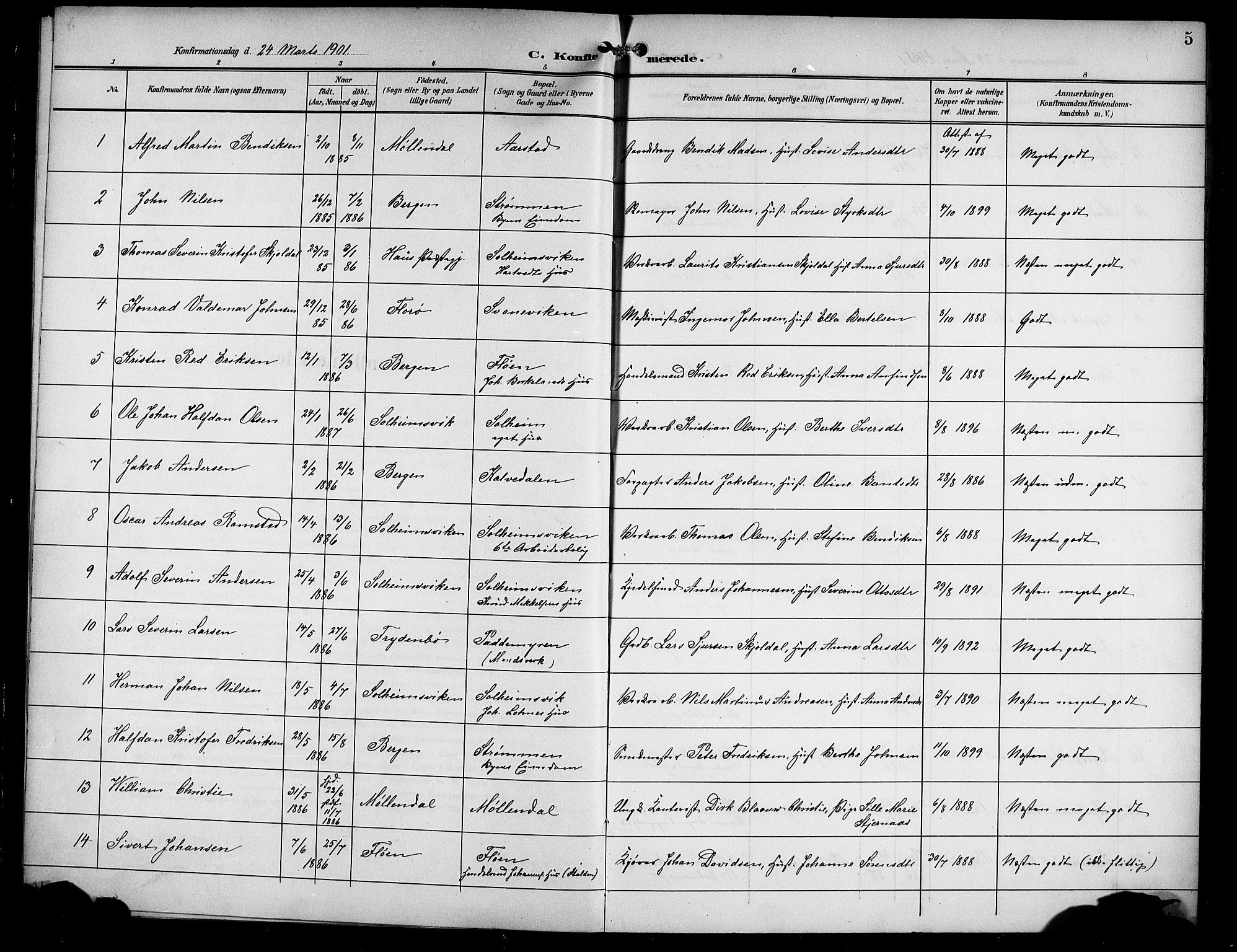 Årstad Sokneprestembete, SAB/A-79301/H/Hab/L0012: Parish register (copy) no. B 2, 1901-1914, p. 5