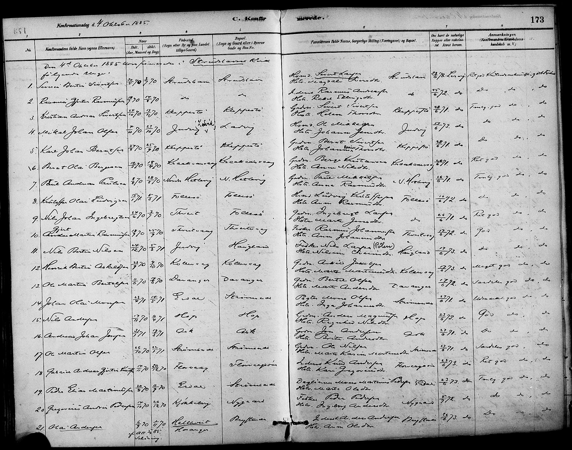 Askøy Sokneprestembete, SAB/A-74101/H/Ha/Haa/Haab/L0001: Parish register (official) no. B 1, 1878-1889, p. 173