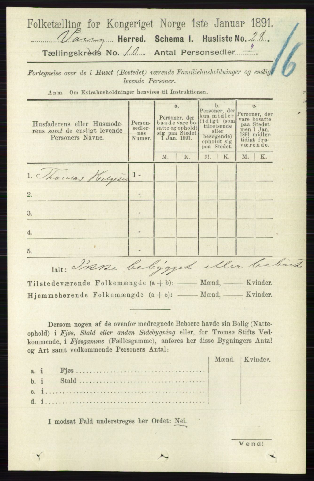 RA, 1891 census for 0545 Vang, 1891, p. 2173