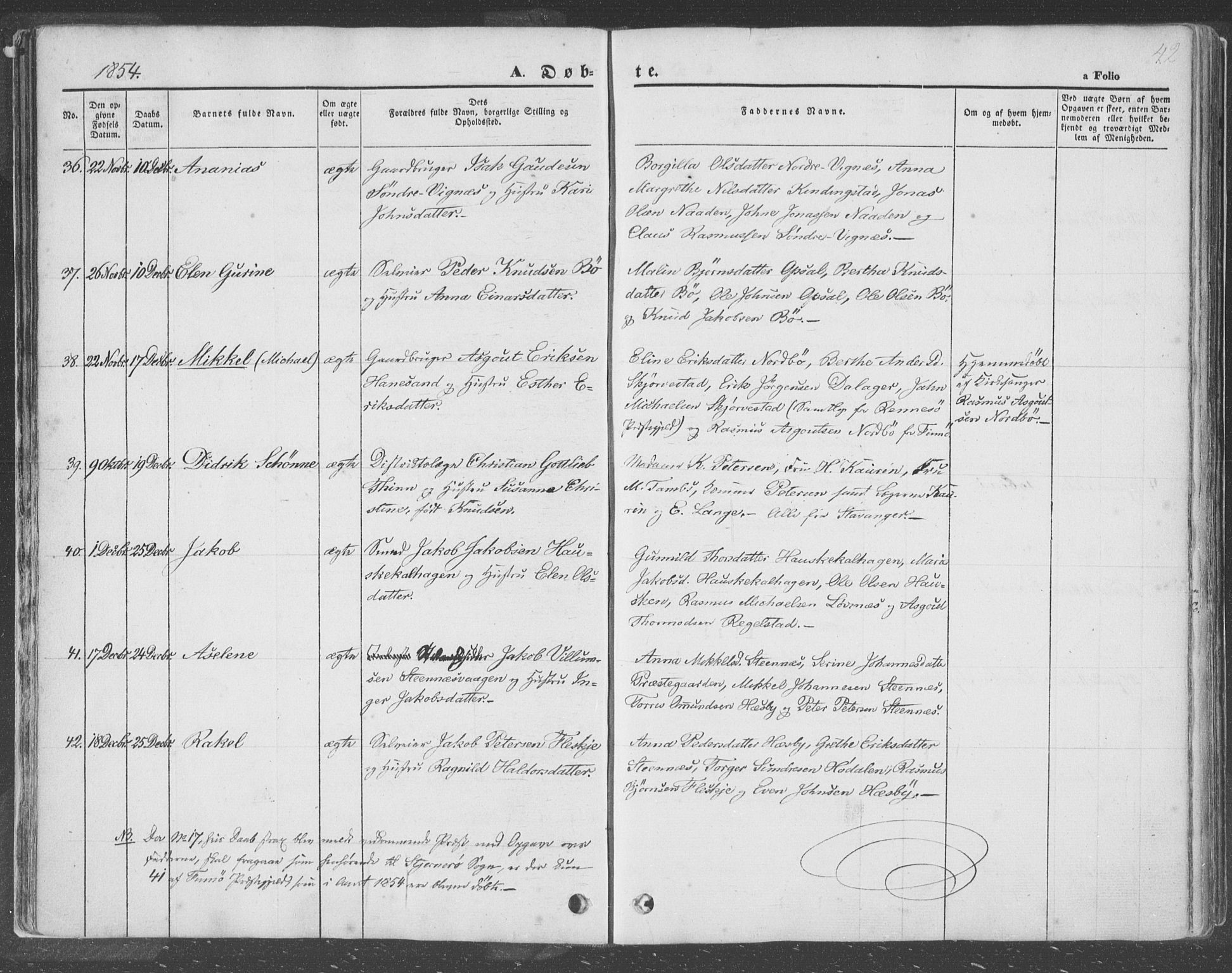 Finnøy sokneprestkontor, SAST/A-101825/H/Ha/Haa/L0007: Parish register (official) no. A 7, 1847-1862, p. 42