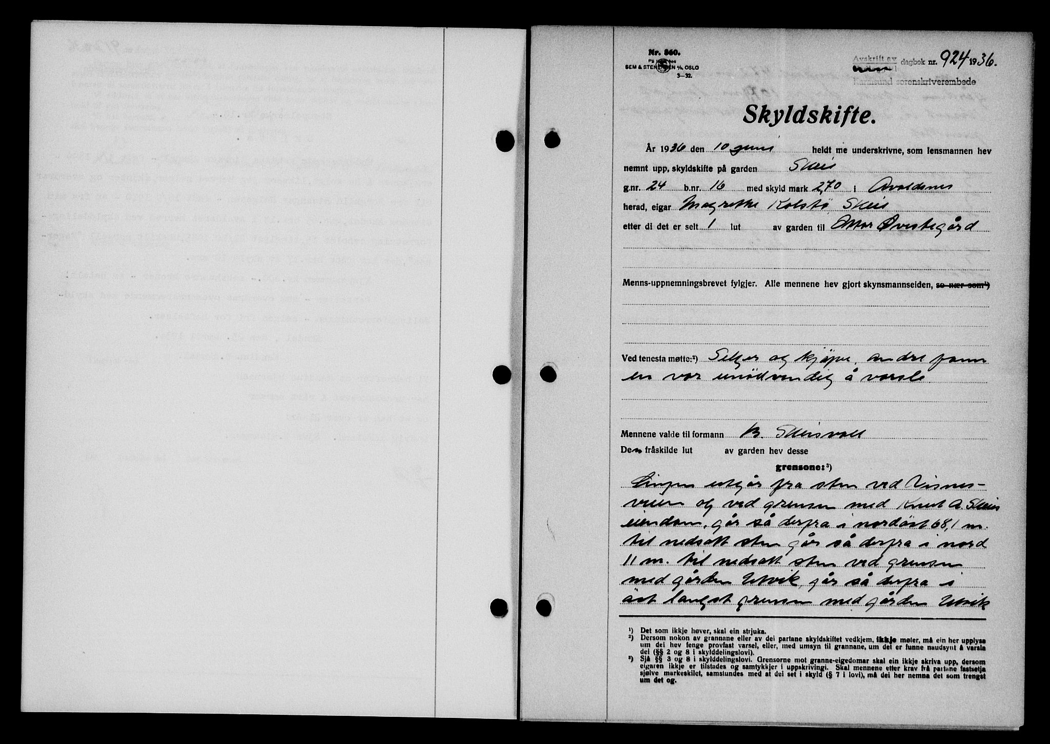 Karmsund sorenskriveri, SAST/A-100311/01/II/IIB/L0066: Mortgage book no. 47A, 1936-1936, Diary no: : 924/1936