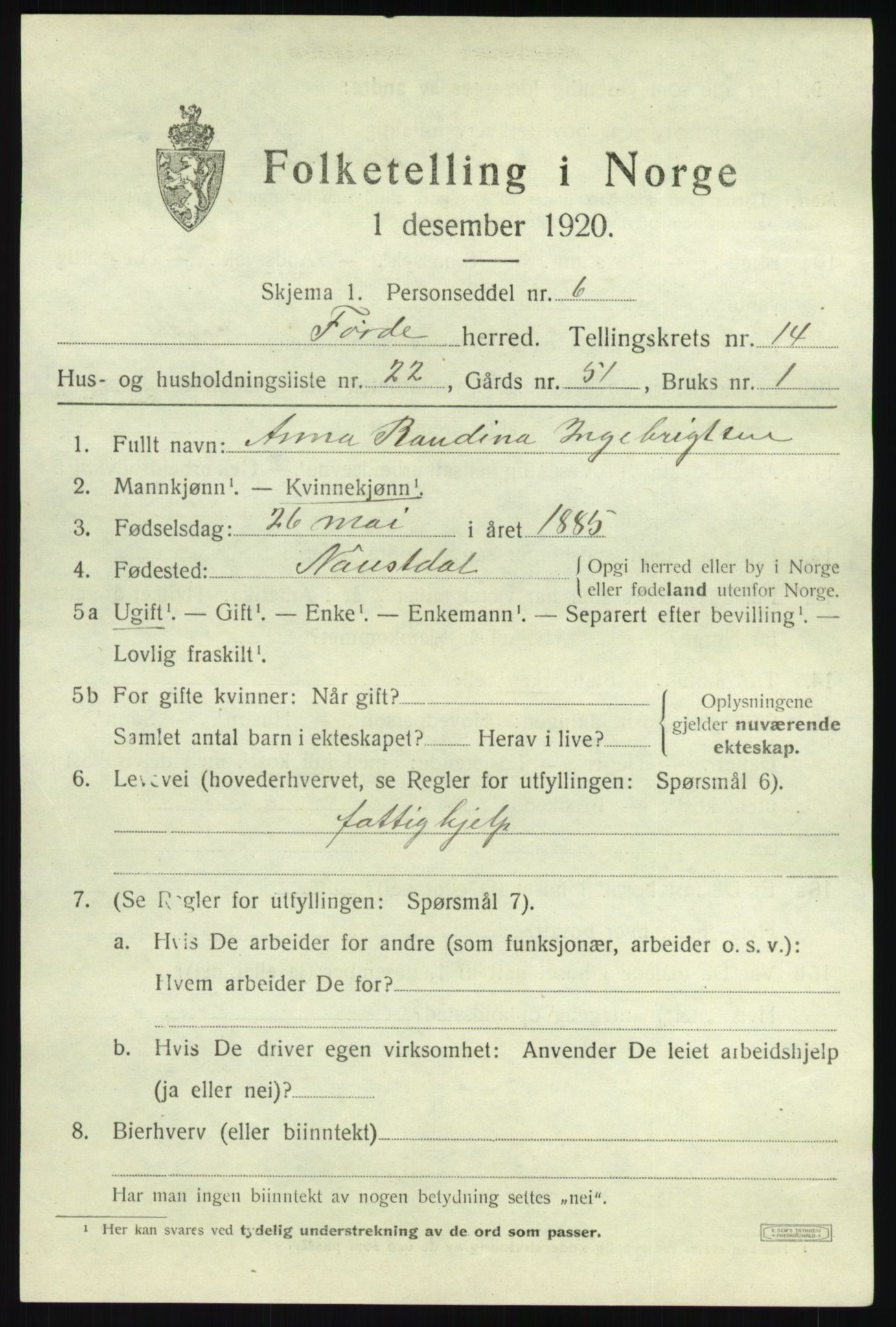 SAB, 1920 census for Førde, 1920, p. 5140